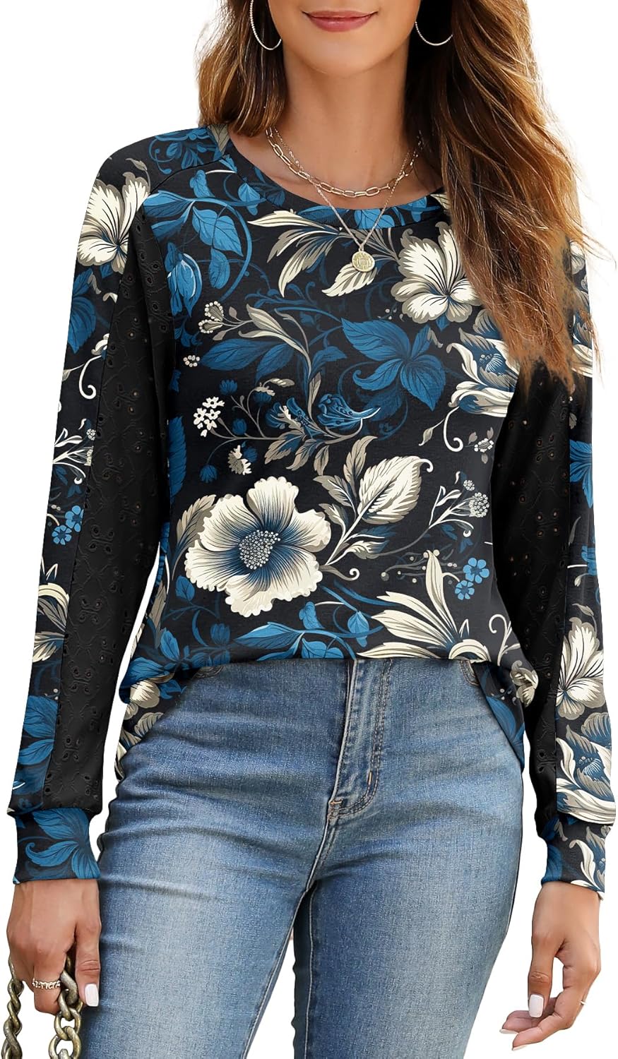 Womens Long Sleeve Shirts Casual Fall Fashion Tunic Crewneck Patchwork Sleeve T Shirts for Women Loose Blouses