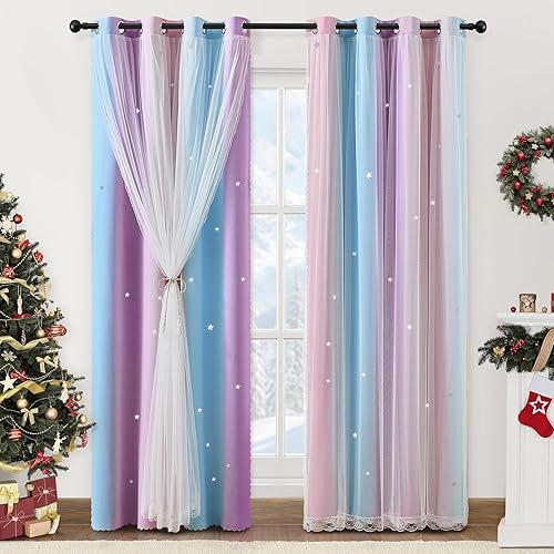 XiDi Cortinas opacas para decoración de dormitorio de niñas, cortinas de ventana de 63 pulgadas de largo, diseño colorido de arco iris, juegos de 2