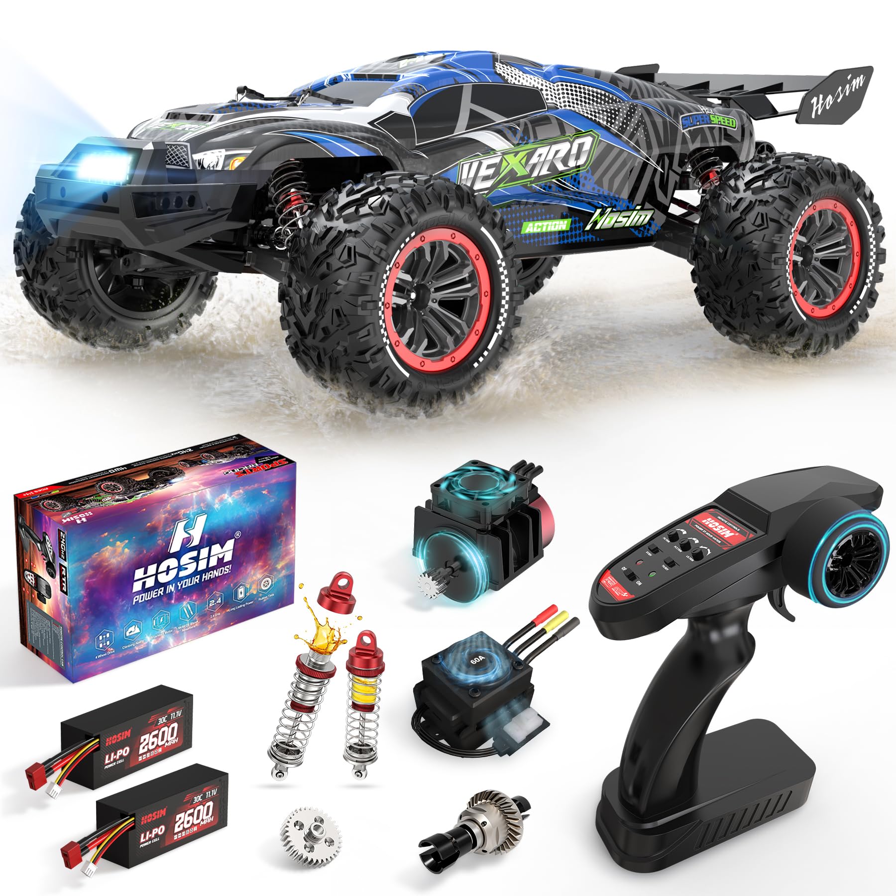 Hosim - Coche teledirigido rápido para adultos 80 km/h, mini camión teledirigido 1:8 con tres diferenciales, 4WD todoterreno impermeable RC Car con 2 baterías 3S