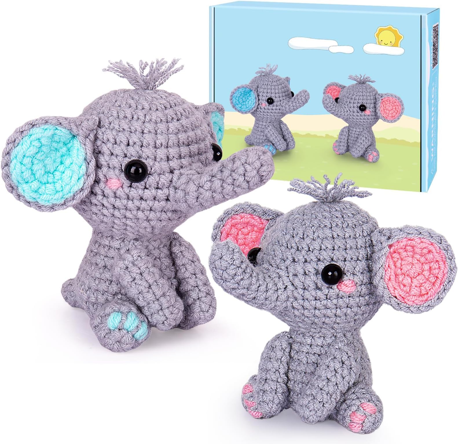 KASTWAVE Crochet Kit for Beginners, Beginner Crochet Starter Kit with Step-by-Step Video Tutorials, Learn to Crochet Kits for Adults Kids, DIY Knitting Supplies, 2 Pack Elephant Family (40%+ Yarn)
