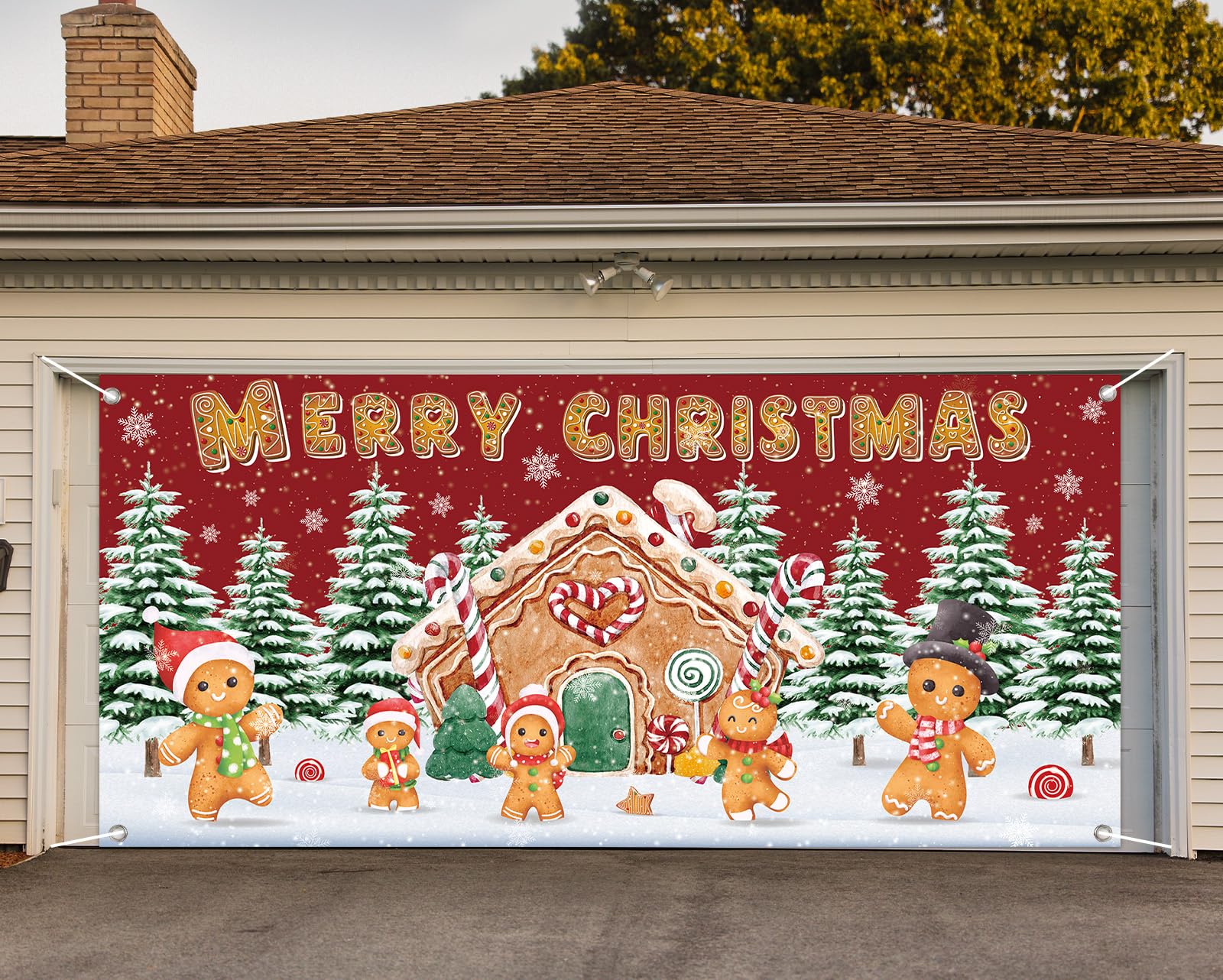 JarThenaAMCS Cartel de puerta de garaje con texto en inglés "Merry Christmas", para árbol de Navidad, hombre de jengibre, 6 x 13 pies, letrero grande nevado para patio interior y exterior, fiesta en