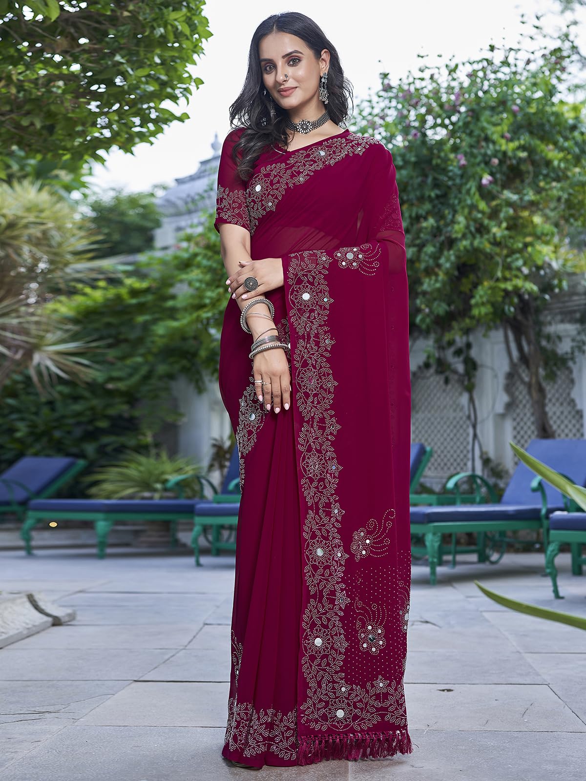 Satrani Women's Stone & Mirror Work Embellished Georgette Saree With Unstitched Blouse Piece (3754S123N_Dark Pink)