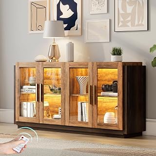 Jocisland 64" Sideboard Buffet Cabinet with LED Lights & Glass Doors, Modern Storage Console Table with Adjustable Shelf, Accent Cabinet for Dining Room & Living Room, Barnwood and Brown