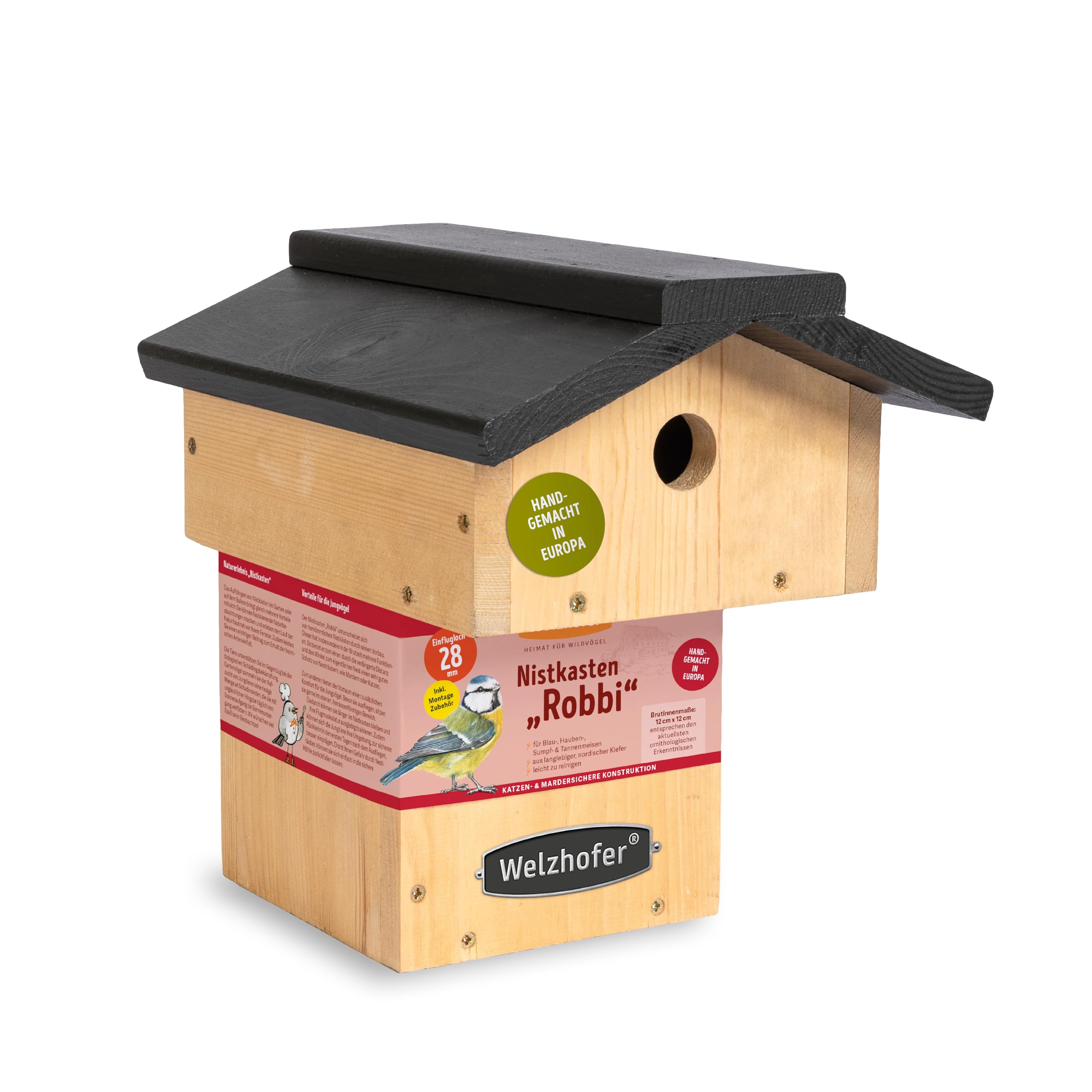 Nistkasten Robbi, Vogelhaus mit 28mm Einflugloch, handgemacht in Europa, für Blau-, Hauben-, Sumpf- und Tannenmeisen, katzensicheres Vogelhaus