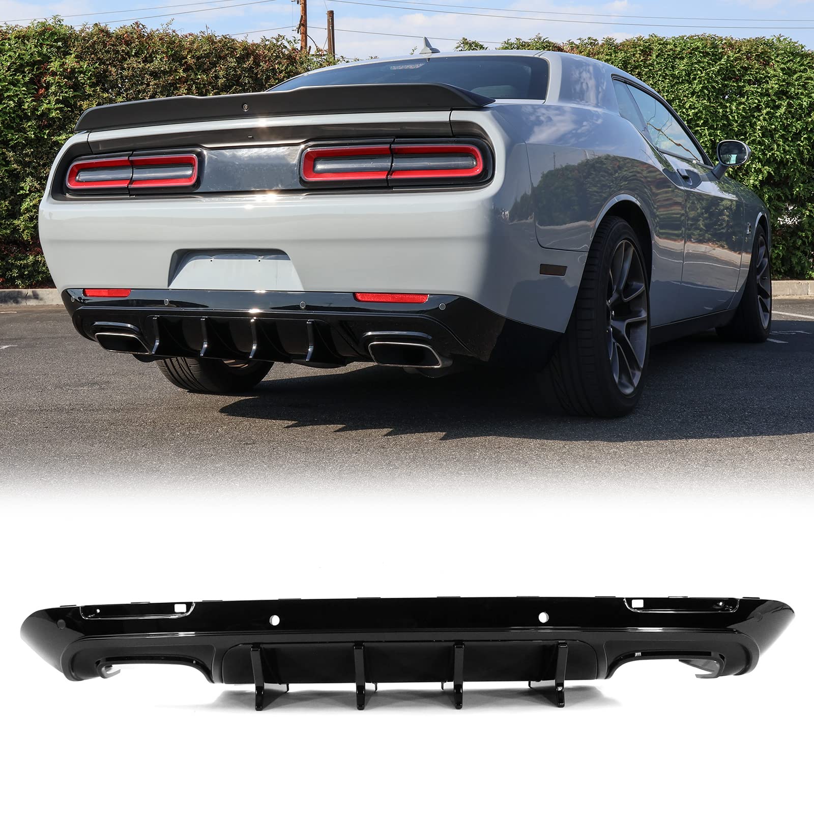 FREEMOTOR802 Rear Diffuser Compatible with 2015-2023 Dodge Challenger, Gloss Black PP Rear Bumper Molding Lip Lower Valance Diffuser Shark Fin Splitter 4-pc Set IKON V4 Style