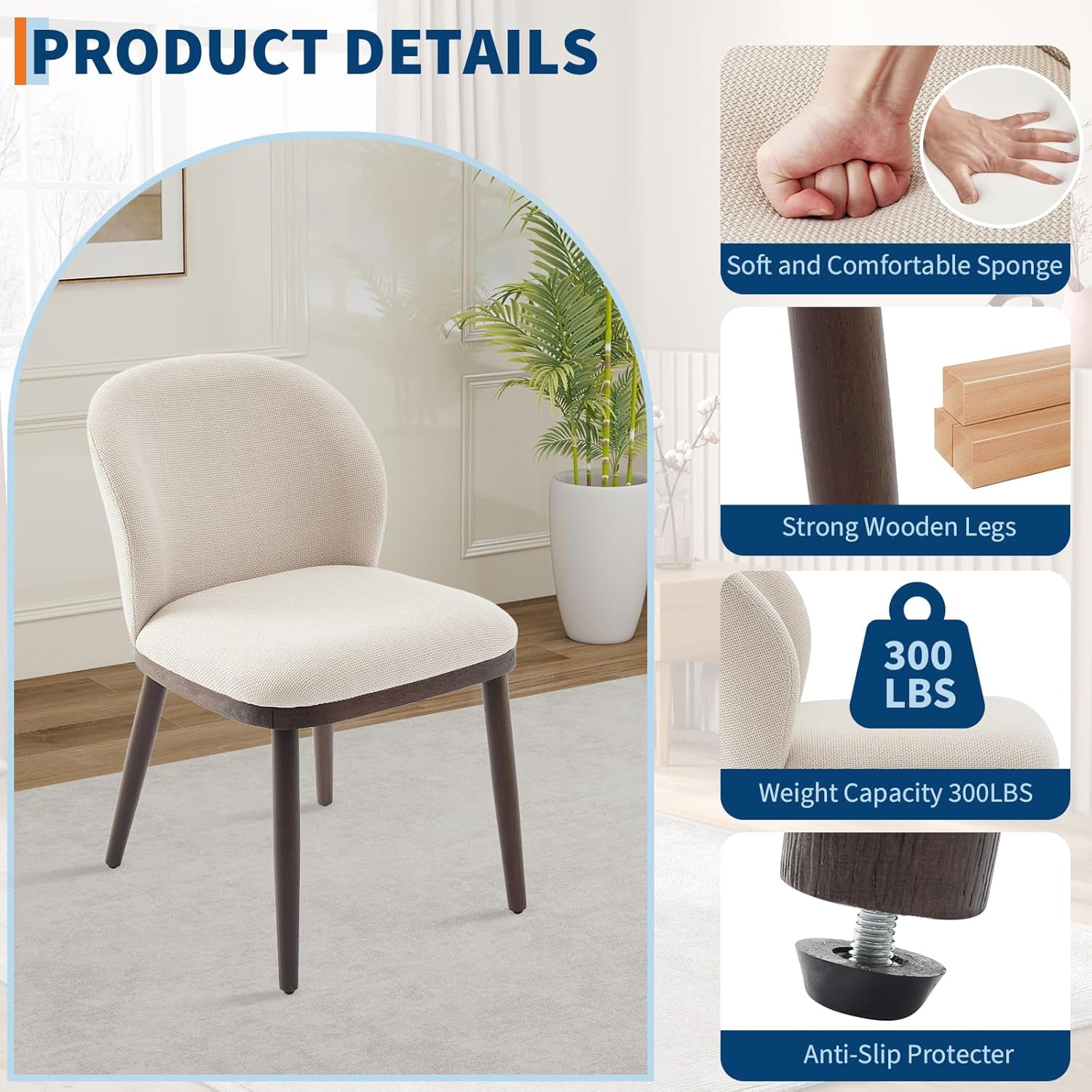 Dining Chairs Set of 2, Wood Legs Modern Upholstered,Ergonomic Back Support,265lbs Capacity for Kitchen Dining Room Restaurant