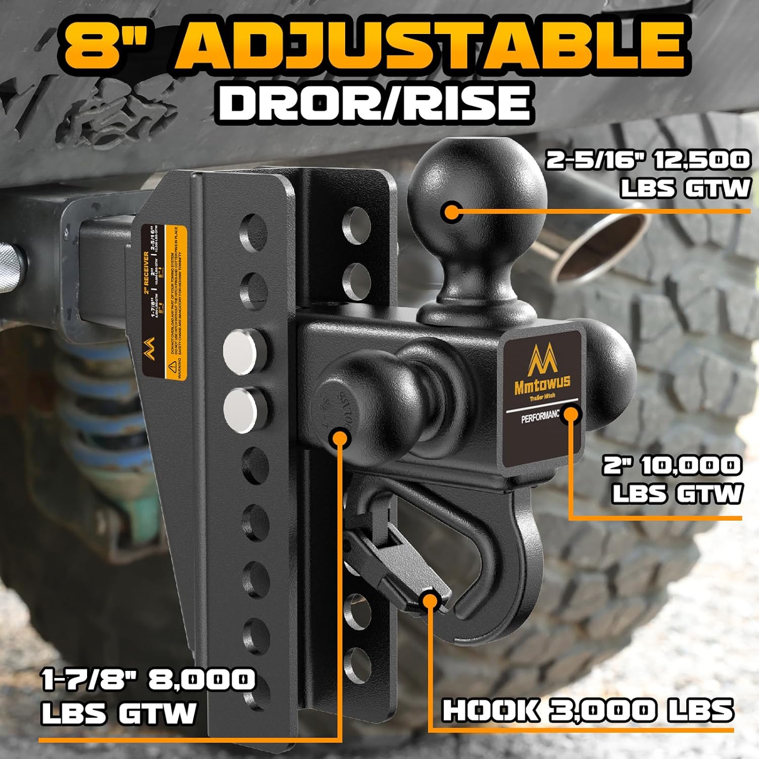 Adjustable Trailer Hitch -Drop Hitch -Tri Ball Mount with Hook (1-7/8'', 2''&2-5/16''), Fits 2-Inch Receiver, 8'' Drop/Rise 12,500 LBS GTW Tow Hitch, 3 Ball Hitches for Trucks, RV, Camper etc