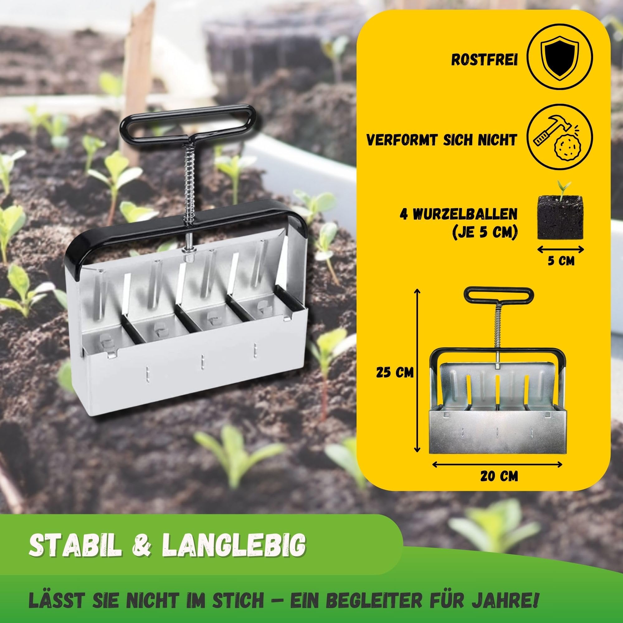 Jarden® Manuelle Erdballenpresse Anzucht – 4X quadratische Erdballen (5x5 cm) – Robuste Erdtopfpresse aus Edelstahl – Perfekt für Keimlinge & Saatgut