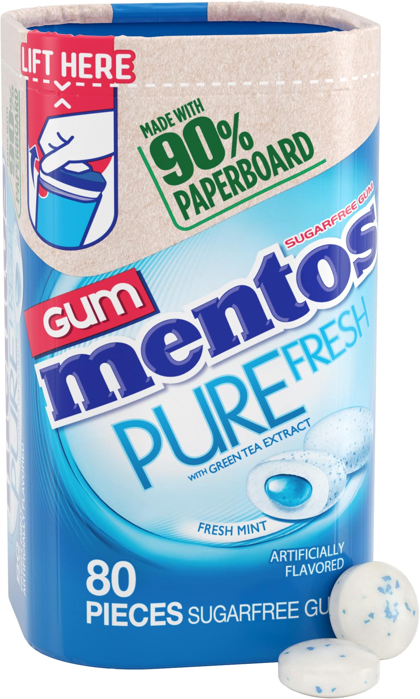 Pure Fresh Sugar-Free Chewing Gum with Xylitol, Fresh Mint Flavor, Easter Basket Essentials Stuffers for Kids and Adults, 90% Recyclable Paperboard Bottle, 80 Pieces