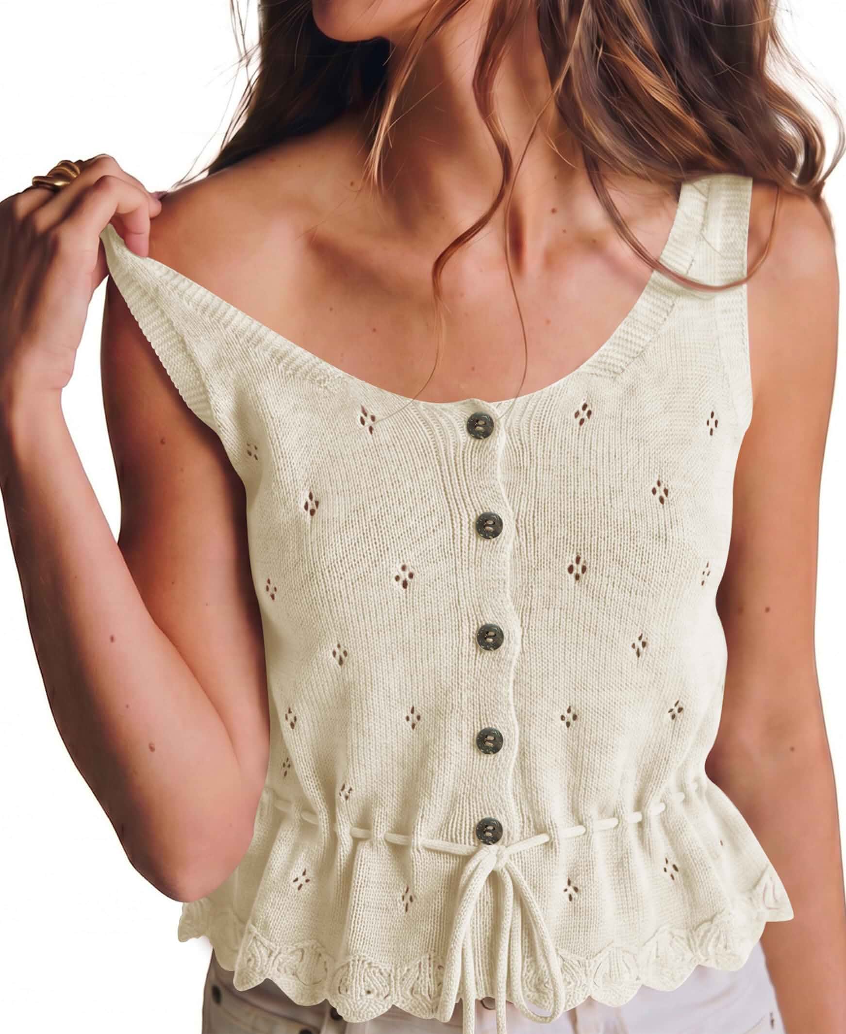 Balimtoy Womens Sweater Vest Tie Front Crochet Knit Peplum Tops Cropped, Cinched Waist, Button Up, Pointelle Knitted, Boho Chic, Summer Early Fall Outfit, Vacation, Office Work, Going Out