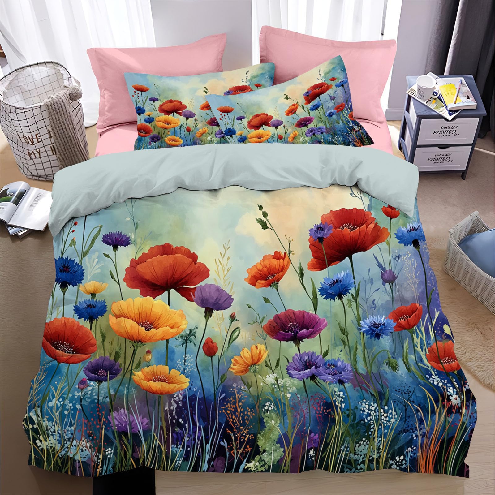 Housse de Couette 240x260cm Anti-Glissement à Zip Parure Lit Fleurs Sauvages Sans Repassage