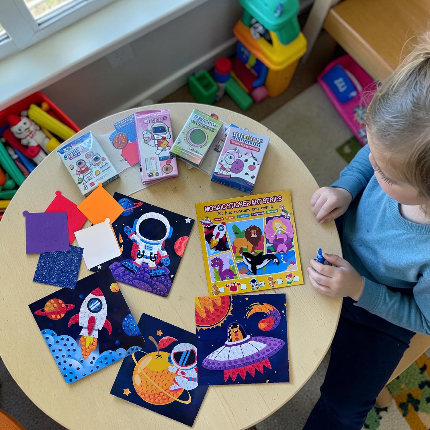 Serenzy 3D Mosaic Sticker Art for Kids - Astronaut - 4 Pack Mess-Free Craft Kits for Ages 3-5 - Fine Motor Skills & Color Matching STEM Toy - 2-in-1 Sticker & Coloring Activity image 5