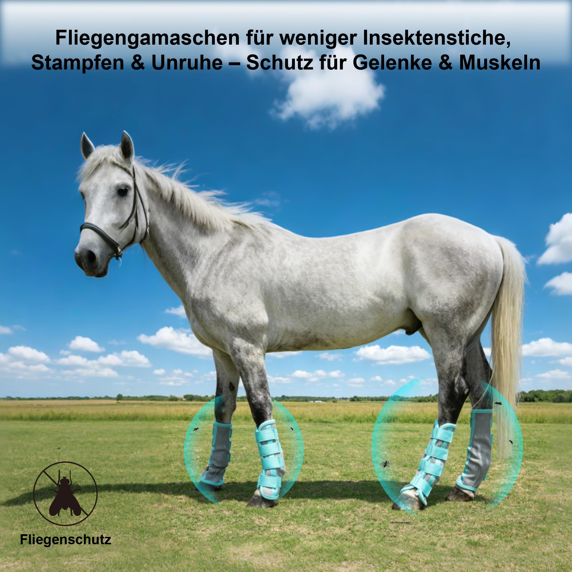 Lot de 4 guêtres anti-mouches pour cheval - Protection contre freins et moustiques - Guêtres en maille respirante réglable