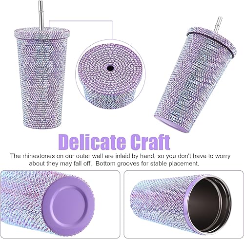 Miniatura 5 de MANMAOHE Vaso de acero inoxidable brillante de 17 onzas con tapa y pajita, vaso térmico al vacío con 1 cepillo, 1 cepillo para popote (morado)