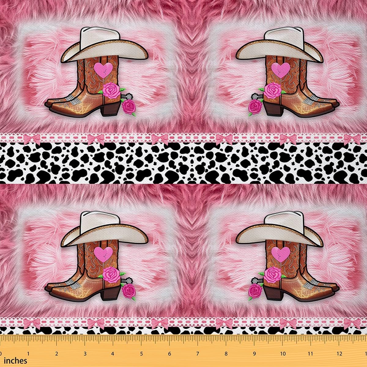 Pink Cowgirl Decorative Soft Flannel Fabric Western Hat Printed Fabric By The Yard Pink and White Cow Fur Printed Cowboy White Black Upholstery for Chairs Room Decor 2 Yards