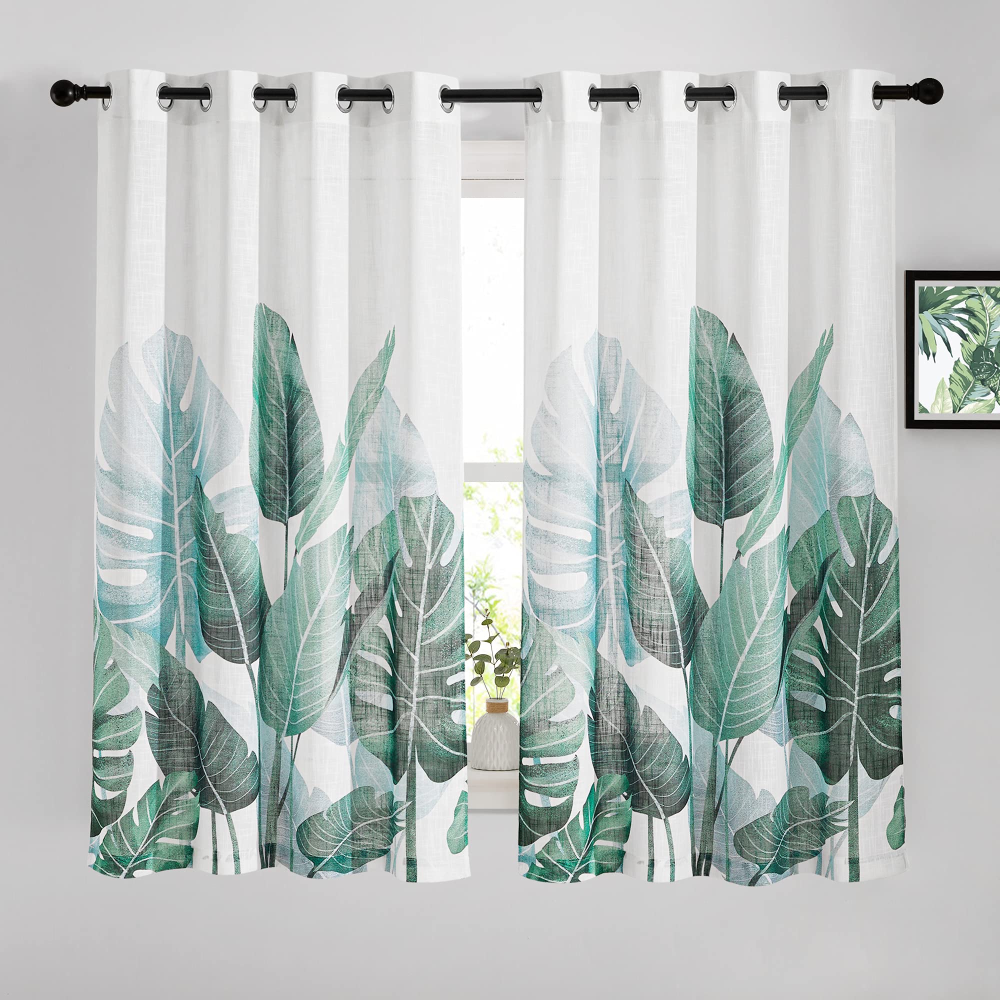 NICETOWN Tropical Curtains White Linen Sheer Drapes 63" Length, Grommet Semi Sheer Palm Leaf Window Treatment Privacy with Light Filtering for Bedroom/Farm House, 100" Width Total 2 Panels