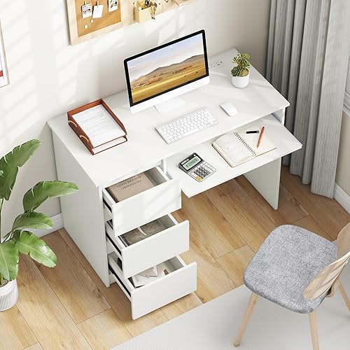 Miniatura 9 de Giantex Escritorio blanco con cajones, moderno escritorio para computadora con estación de carga y bandeja para teclado, estación de trabajo para