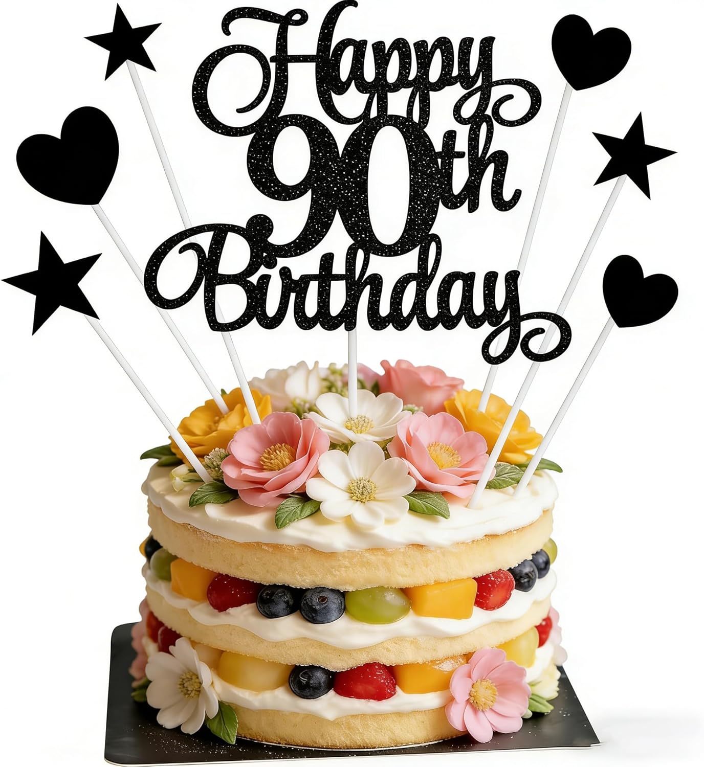 "90th Birthday Cake Topper - Luxury Complete Set with 90 Number, Hearts & Stars - Thick Cardboard Non-Edible Decorations for Milestone Celebration - Damage-Proof Packaging"