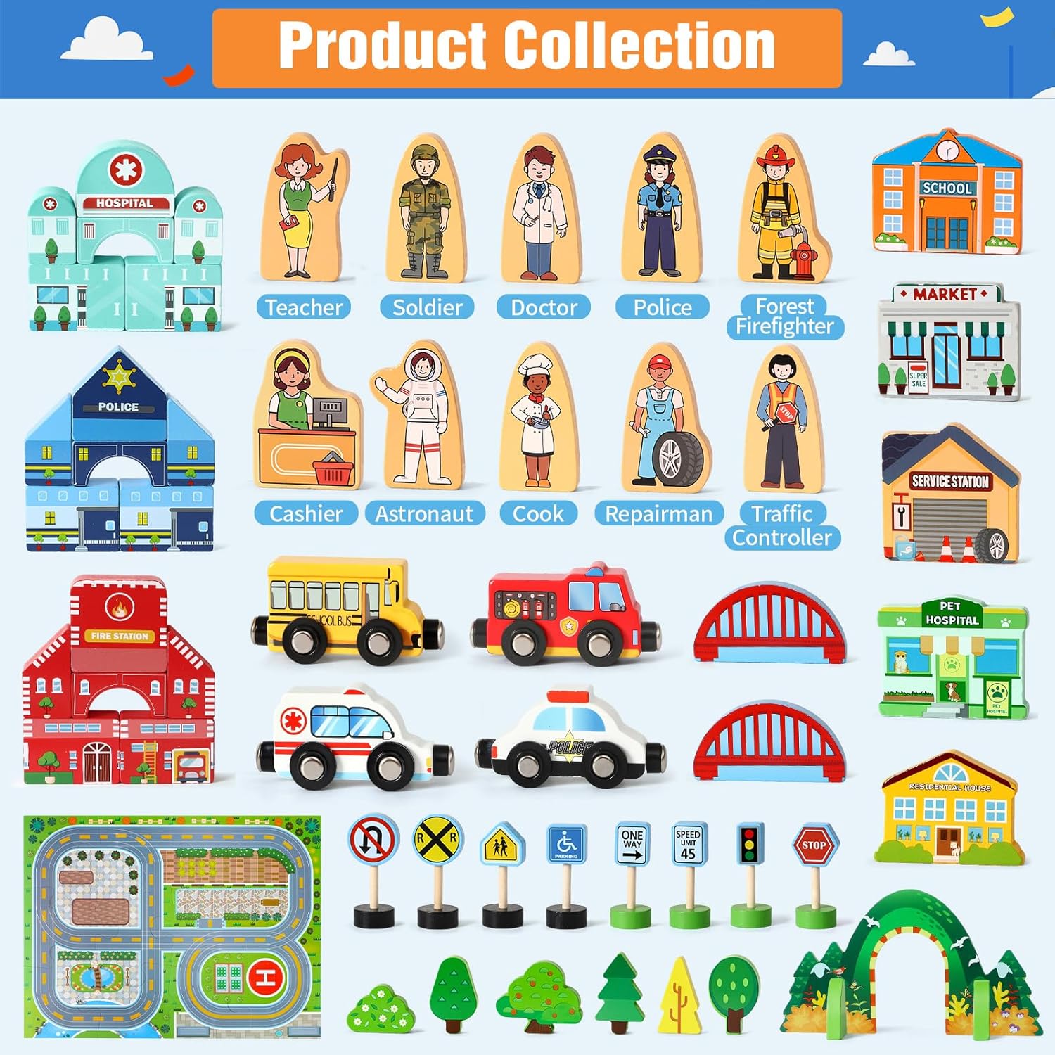 Toyssa 40+Pcs Wooden Community Helpers Preschool Toys for Kids 3 4 5 6, Little People Figures Blocks with Cars & Town Map, Toddlers Learning Pretend Play Toys Boys Girls Christmas Birthday Gifts