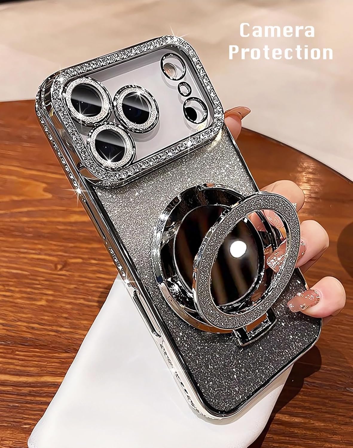 Compatible with iPhone 17 Pro Max Case with Stand for Women, (2 in 1 Clear or Glitter Case), Cute Bling Sparkly Glitter Ring Holder Kickstand, Camera Protector, [Compatible with Magsafe], Silver Case with stand,Silver