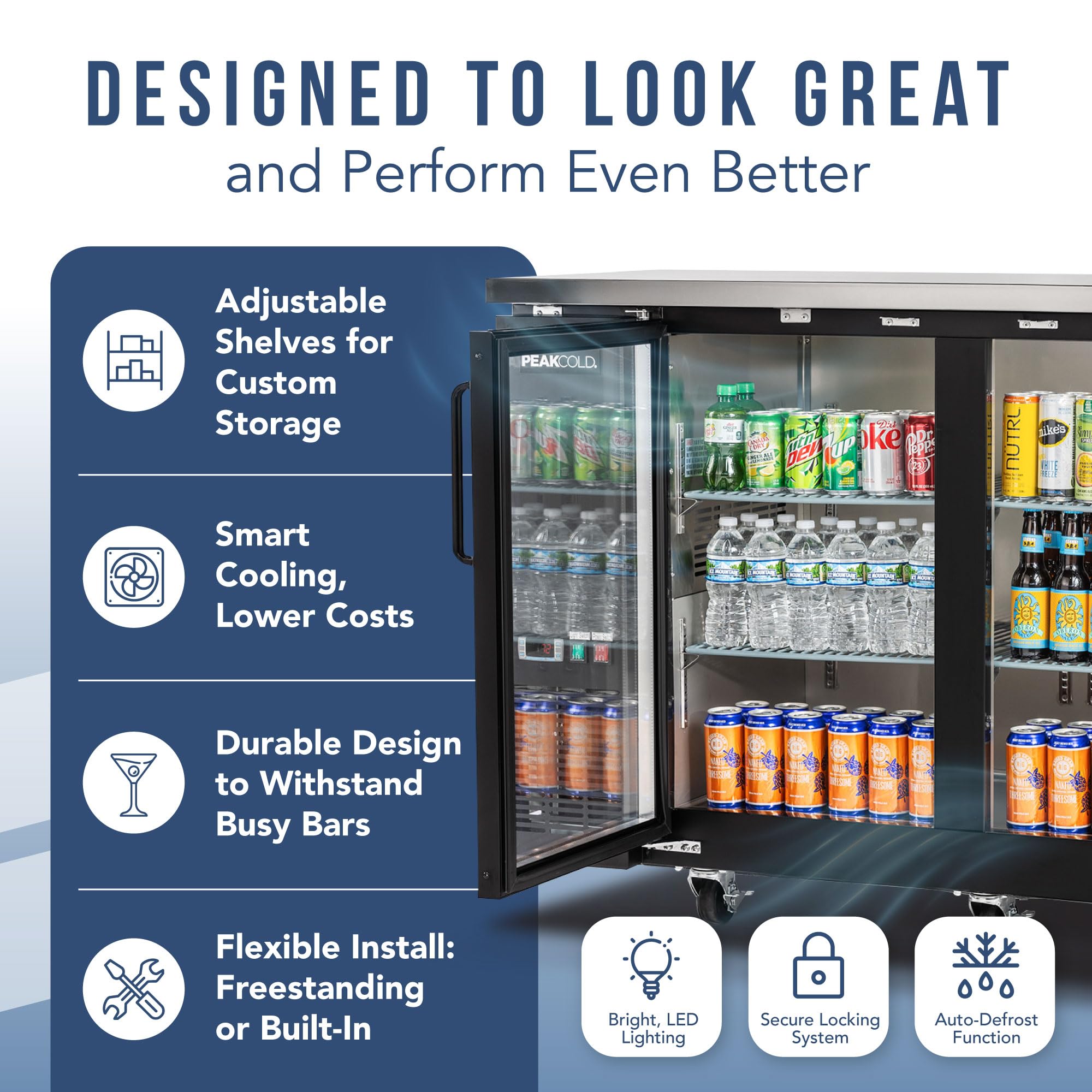 Peakcold 3-Door Counter Height Beverage Refrigerator - 72" Wide Energy Efficient Black Beer Fridge With Glass Doors & White LED Lighting - Commercial Back Bar Cooler on Fridge.com - View 4