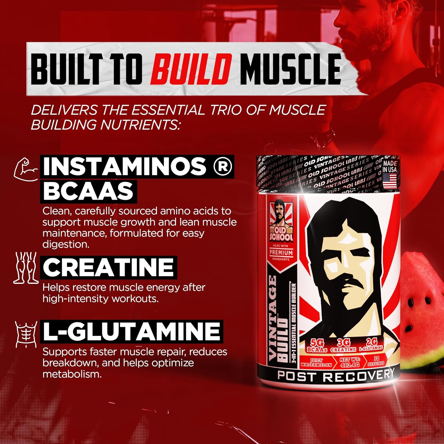 Old School Labs Vintage Build Post-Workout Recovery Powder Drink with BCAAs, Creatine & L-Glutamine to Support Muscle Recovery & Strength for Men & Women – Juicy Watermelon, 30 Servings