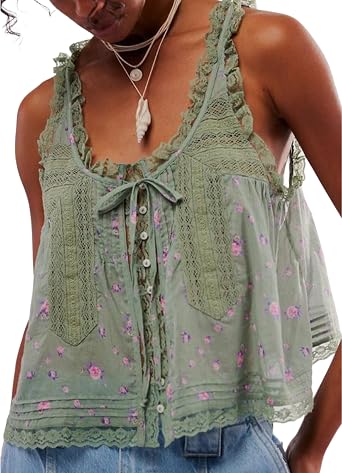 Womens Summer Tie Front Tops Vest Boho Lace Tank Tops Button Down Sleeveless Crop Y2K Vests 2025