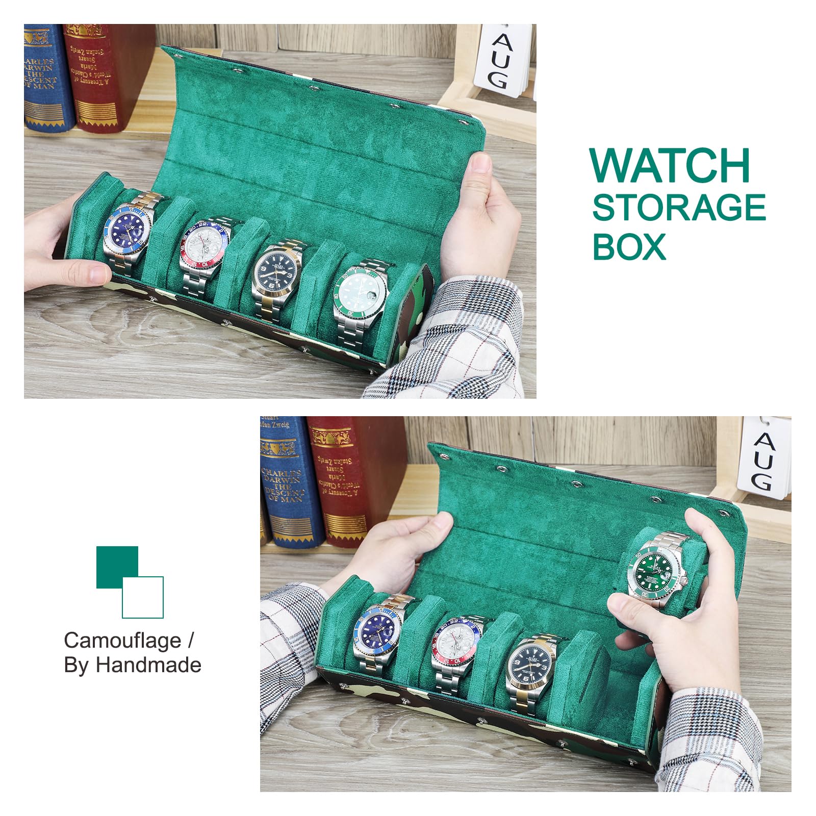 Caja para Relojes de Cuero Hexagonal Hiram, Estuche de Almacenamiento para 4 Relojes con Estampado de Camuflaje, Organizador de Relojes de Cuero antiarañazos Hecho a Mano.