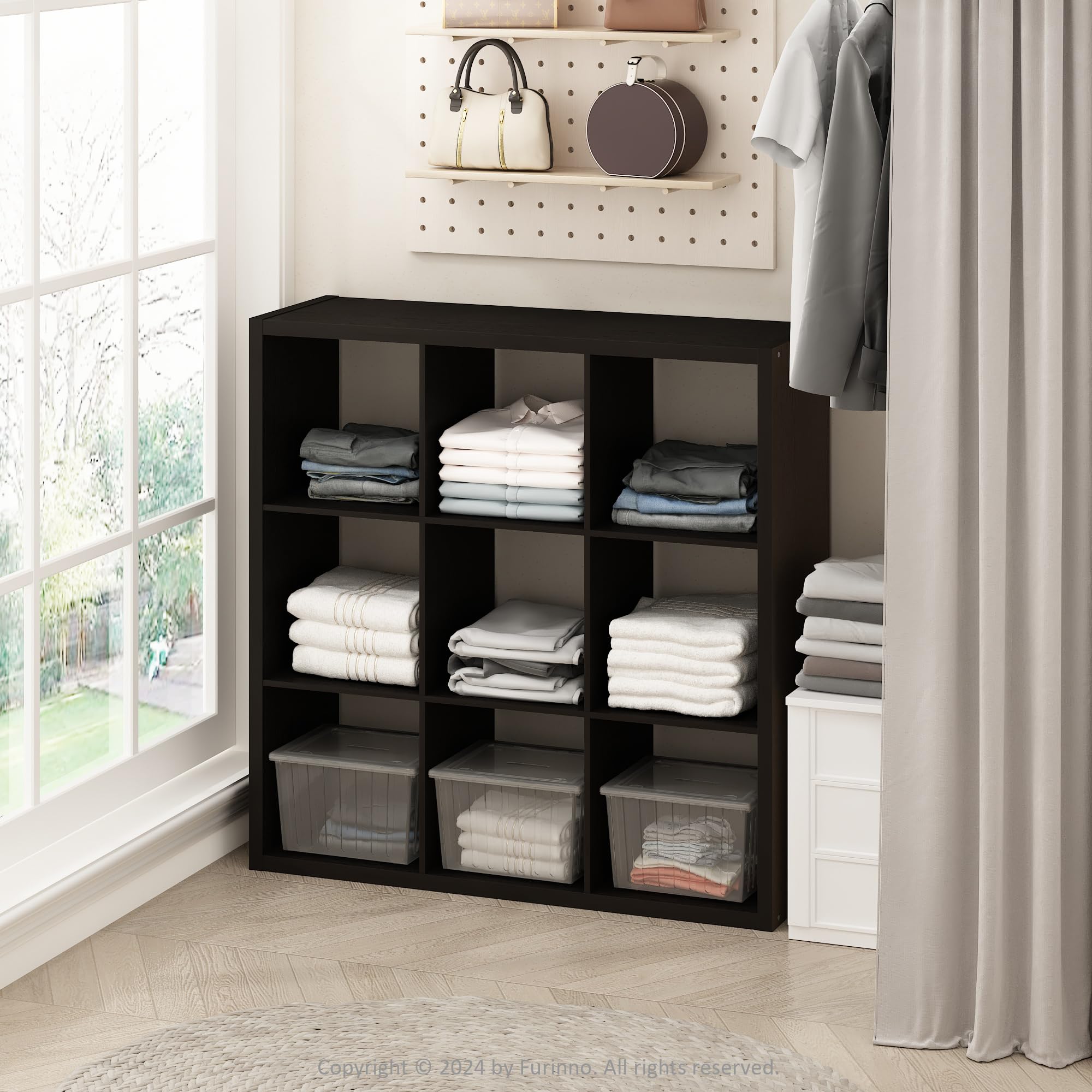 Furinno CUBIC Closet Organizers and Storage, 9-Cube Closet Organizer, Open Shelf Closet Storage, Extra Thick Frame for Wardrobe, Bedroom, Living Room, Dark Oak
