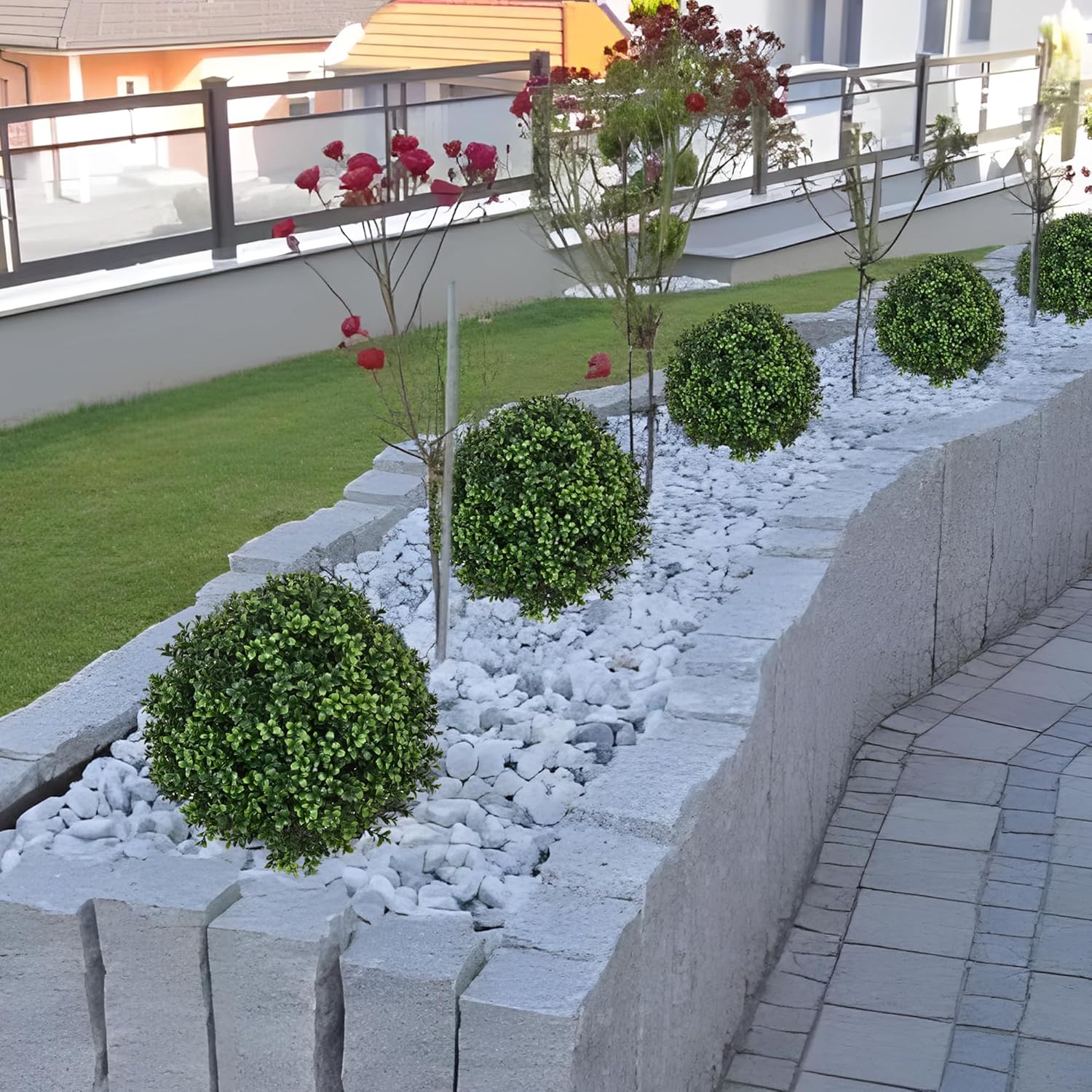 28" Artificial Boxwood Topiary Ball Trees with Ground Spike for Outdoor,Set of 2 UV Resistant Artificial Shrub Bushes,Artificial Plants,Fake Boxwood Plants for Indoor, Garden, Yard,Patio Décor - Image 6