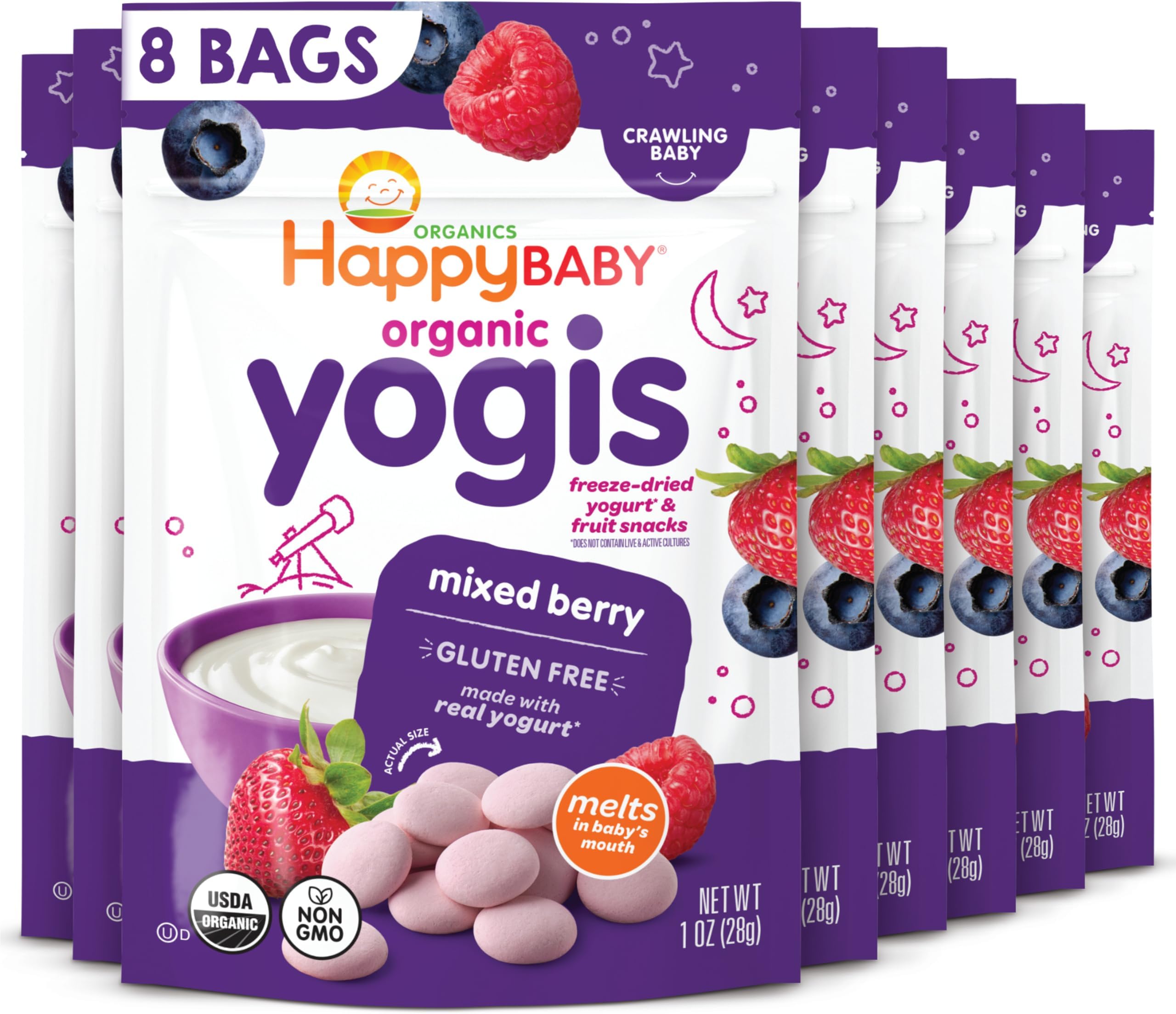 Happy Baby Organic Yogis Freeze-Dried Yogurt & Fruit Snacks, Mixed Berry, 1-Ounce Pouches (Pack of 8)
