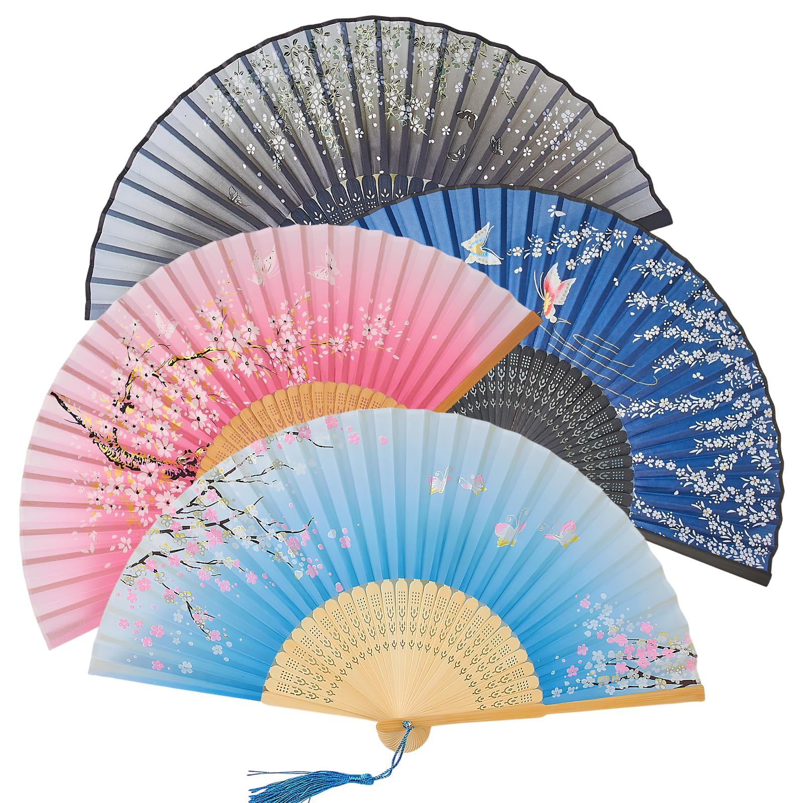 Hocklliy Multicolor 4 Pack Hand Fan Folding Vintage Handheld Fan Folding Chinese Silk & Bamboo With Tassel,Hollow Carved For Wedding Performance Dancing Home Decoration