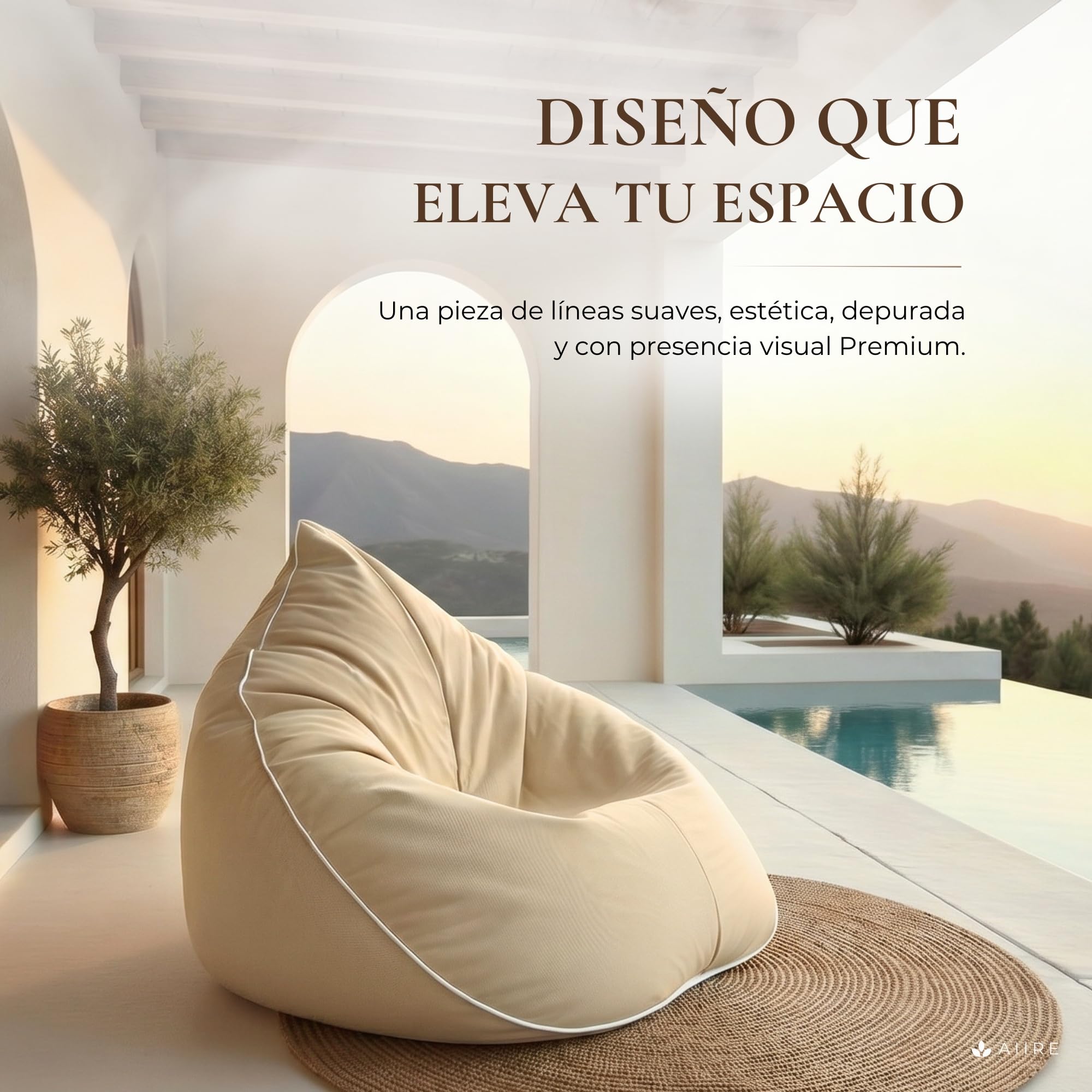 Aiire Puff Exterior Jardín en Olefina - Sofa Puf con Relleno Incluido XXL de Diseño para Terraza, Jardín o Piscina - Bean Bag Chair Salon o Decoracion Habitacion Juvenil Beige [100x100x90]