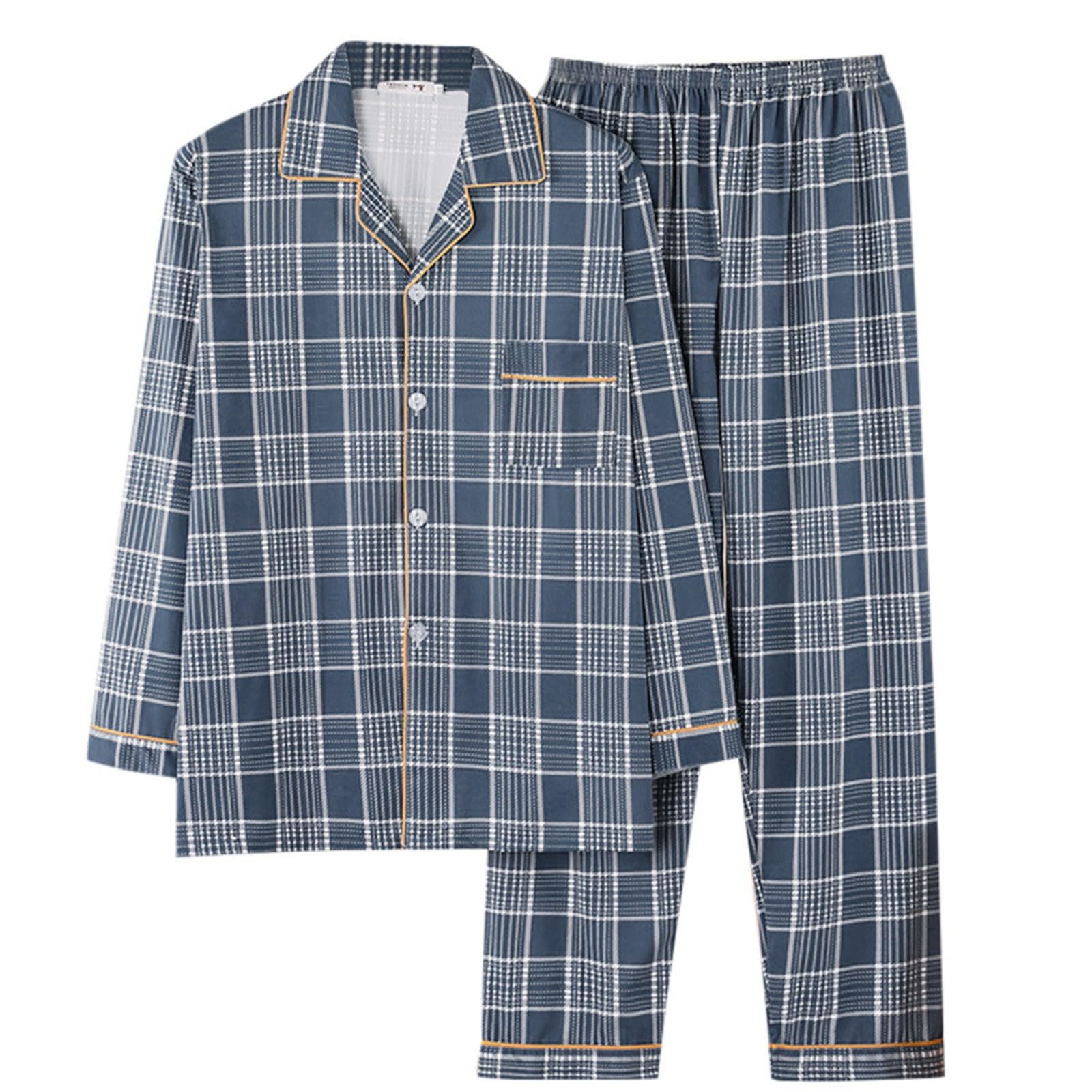 Pijama para hombre largo con botones a cuadros, cuello de solapa de dos piezas, conjunto de pijama de primavera y otoño, pijama para hombre, suave, cómodo, corte regular, pijama con bolsillo