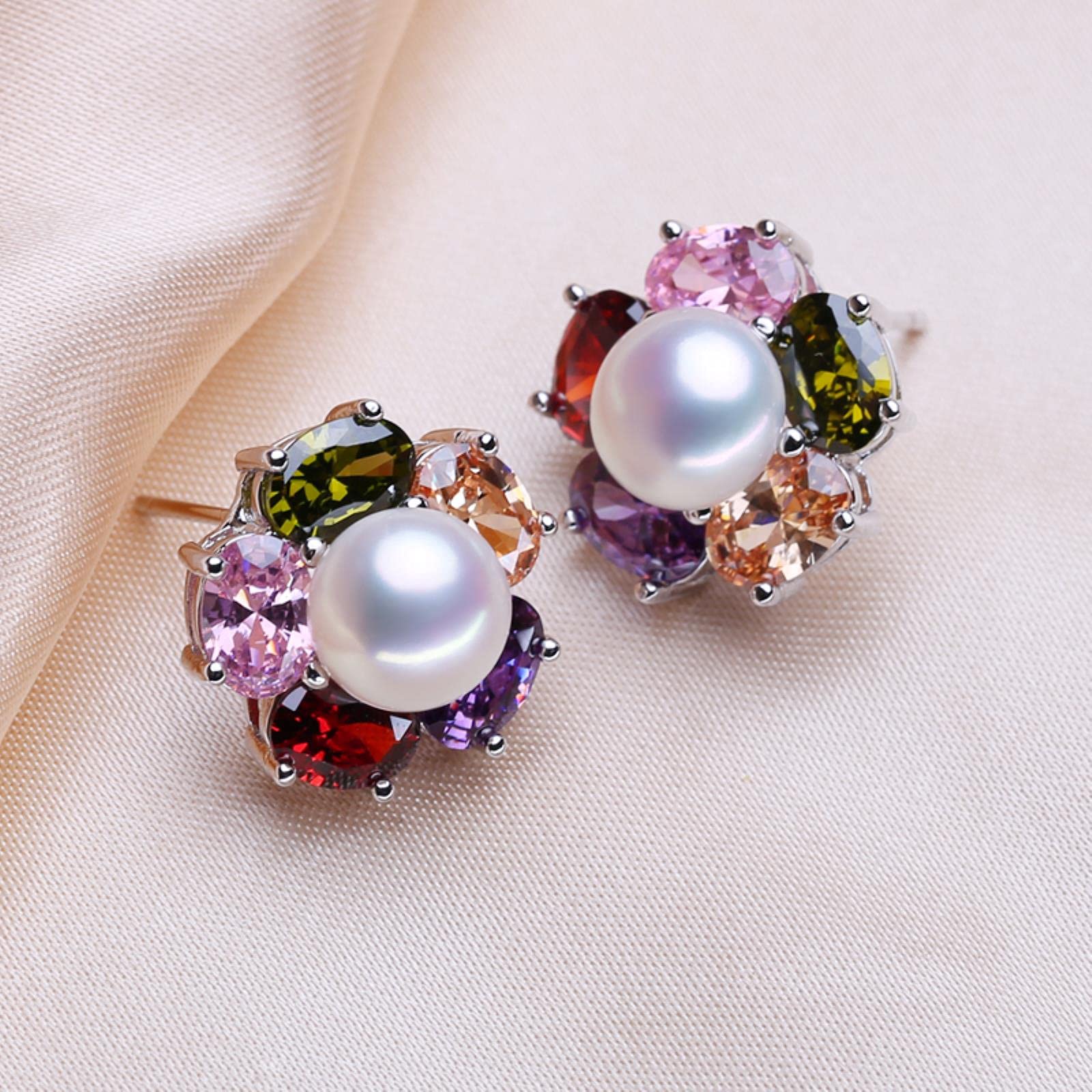 Set di Gioielli in Argento Sterling 925 con Perle Orecchini A Bottone con Perle Naturali per Le Donne Anello da Festa con Ciondolo Fiore Colorato