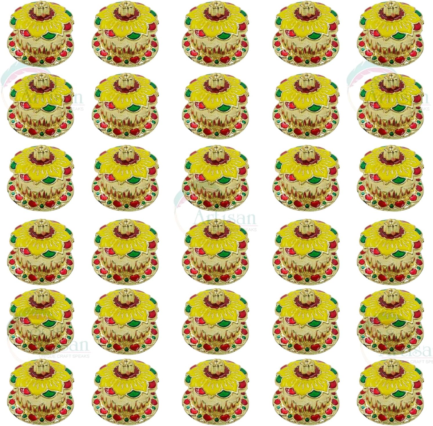 Soul Artisan Round Flower Single Kumkuma Holder Chimil Box - Plastic Golden Metallic Color(Pack of 30) - Decorative Art Design Tilak Daani, Sindoor for Women Return Gift, Diwali, Weddings, Pooja