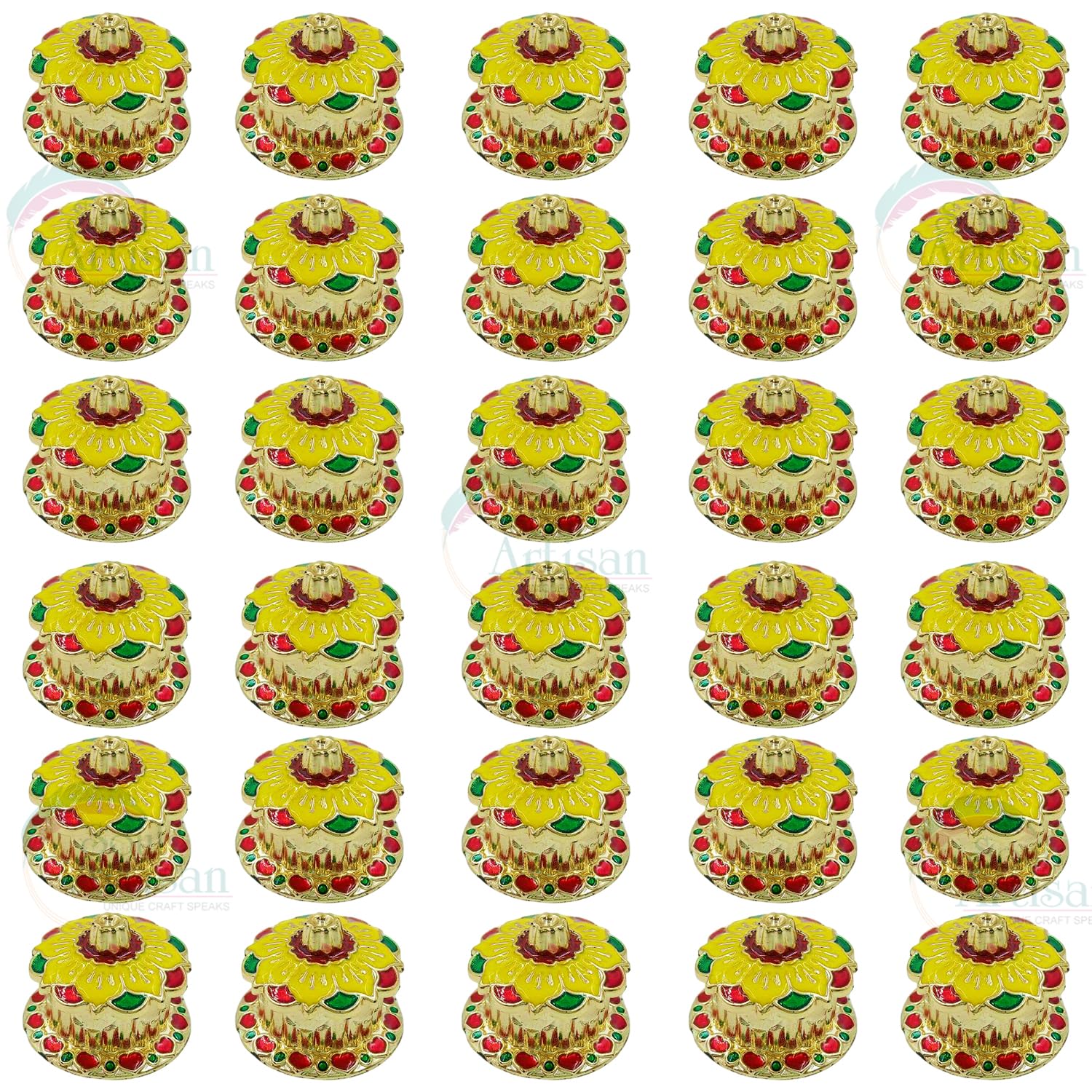Soul Artisan Round Flower Single Kumkuma Holder Chimil Box - Plastic Golden Metallic Color(Pack of 30) - Decorative Art Design Tilak Daani, Sindoor for Women Return Gift, Diwali, Weddings, Pooja
