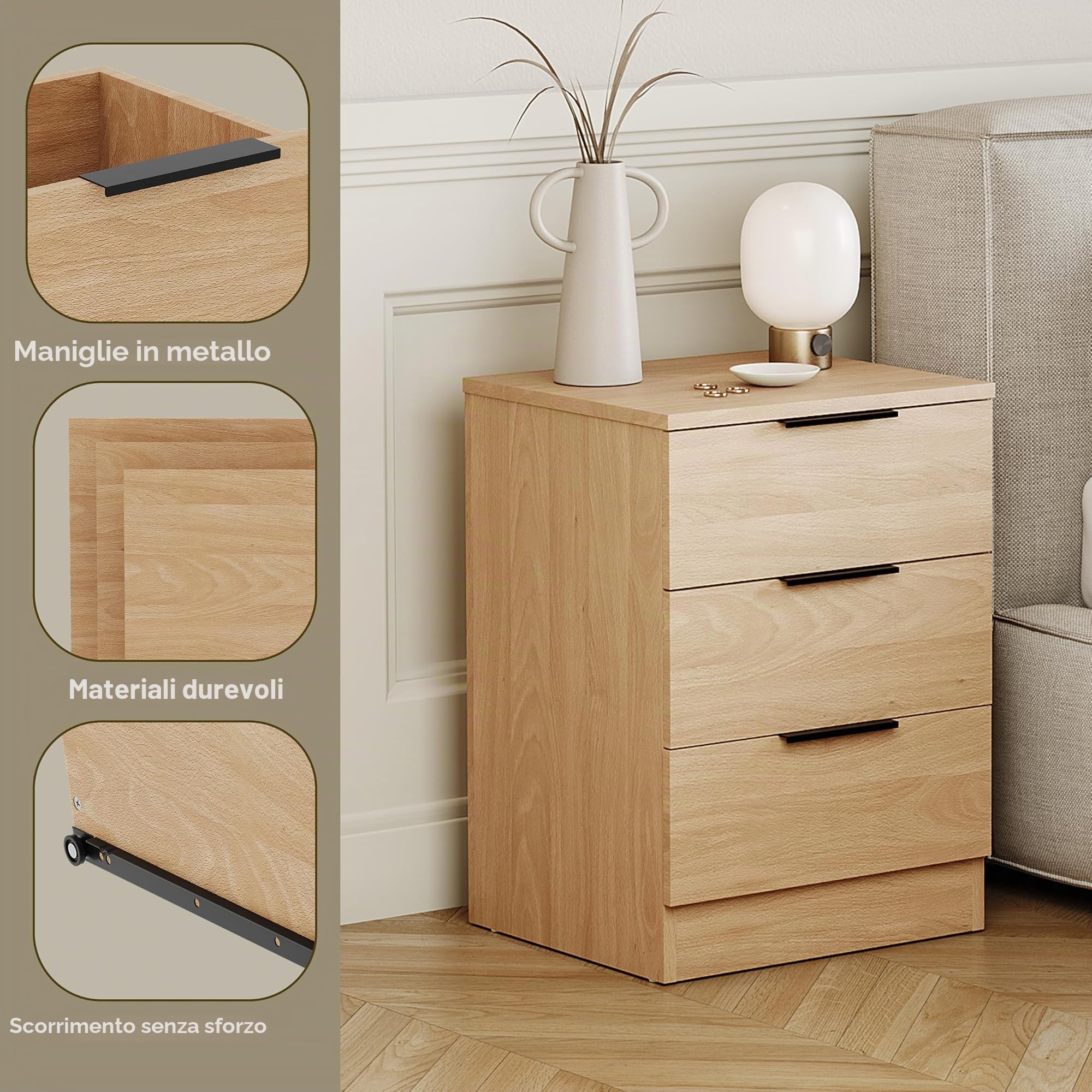 Vida Designs Trega - Set di 2 comodini a 3 cassetti, in legno di pino, compatti e salvaspazio, 50 x 39 x 28 cm, in legno ingegnerizzato, con cassetti scorrevoli, maniglie nere, ideale per camera da