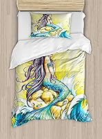 Vista 125 de Ambesonne Juego de funda de edredón de pesca, lubina de boca grande atrapando un bocado en espray de agua, imagen salvaje, juego de cama decorativo