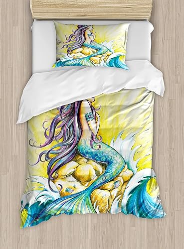 Miniatura 125 de Ambesonne Juego de funda de edredón de pesca, lubina de boca grande atrapando un bocado en espray de agua, imagen salvaje, juego de cama decorativo