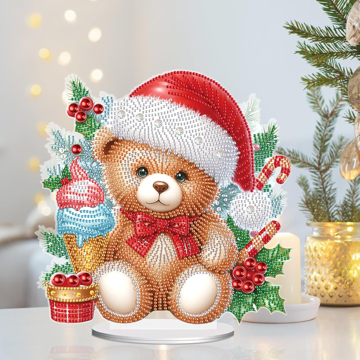 5D Diamond Art Painting Ornament Kits Christmas Bear Doll, DIY Diamond Painting Desktop Ornament, Special Shaped Crystal Rhinestone Diamond Art Tabletop Home Office Christmas Tree Decor (24x24.6cm) image 4