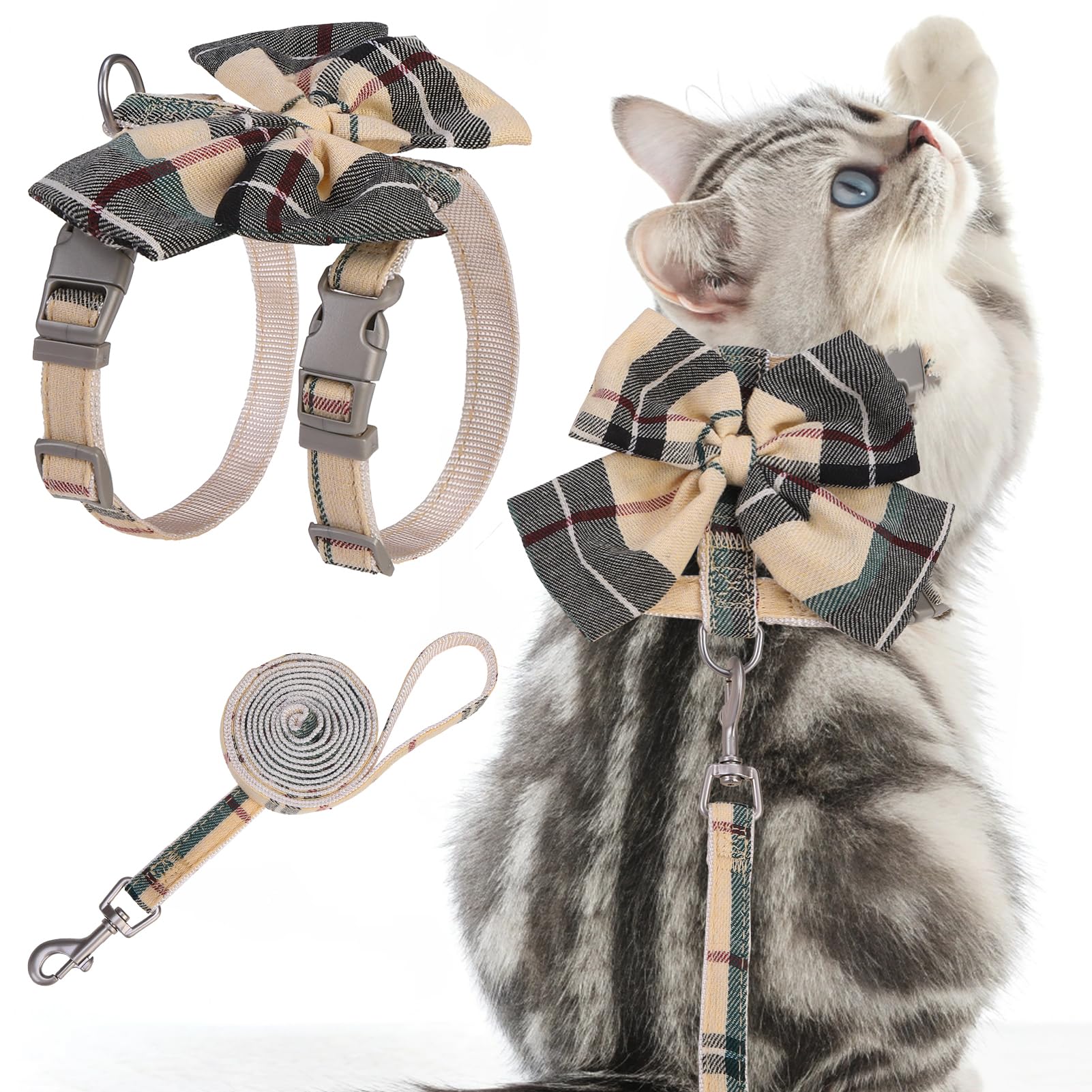 PAWCHIE Cat Harness and Leash Set Escape Proof with Bow Knot, Adjustable Kitten Vest Harness for Outdoor Indoor Use,Lightweight Soft Walking Travel Pet Harness for Medium Cats Boys Girls Puppy,Beige