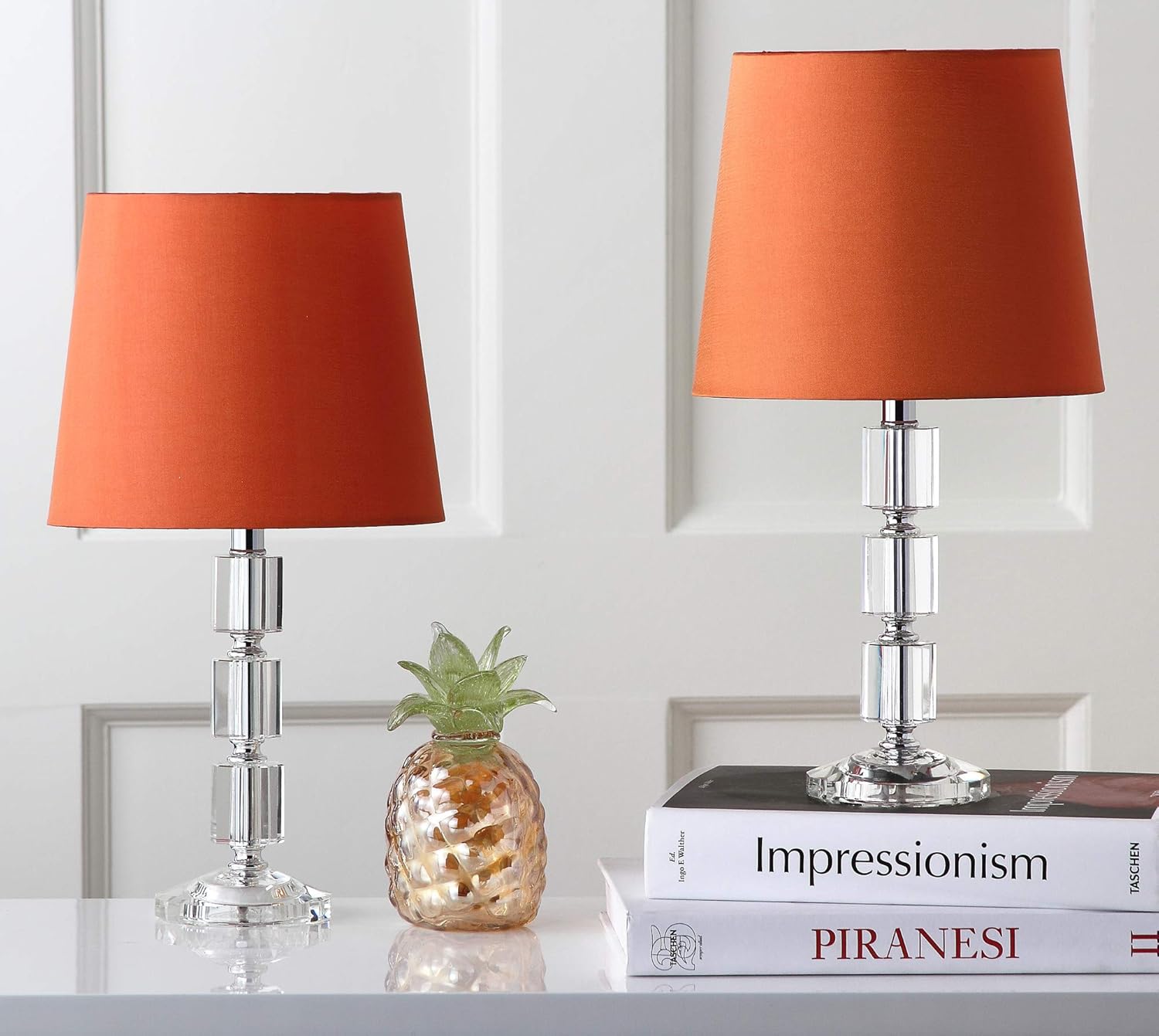 SAFAVIEH Lighting Collection Erin Modern Glam Crystal Cube/ Orange Shade 15-inch Bedroom Living Room Home Office Desk Nightstand Table Lamp Set of 2 (LED Bulbs Included)