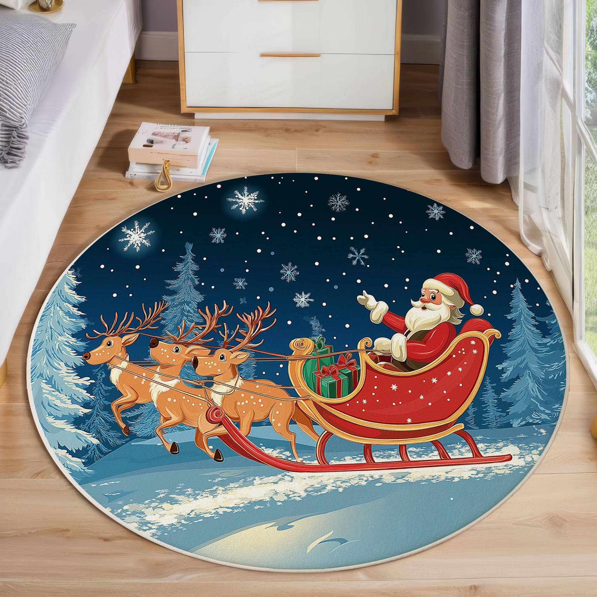 Tapis Renne De Noël - Tapis Salon, Salle À Manger, Chambre Adulte Et Ado, Cuisine, Design Ciel Nocturne d'hiver, Lavable Antidérapant Poil Ras Doux Grande Taille 120 Cm, Indigo