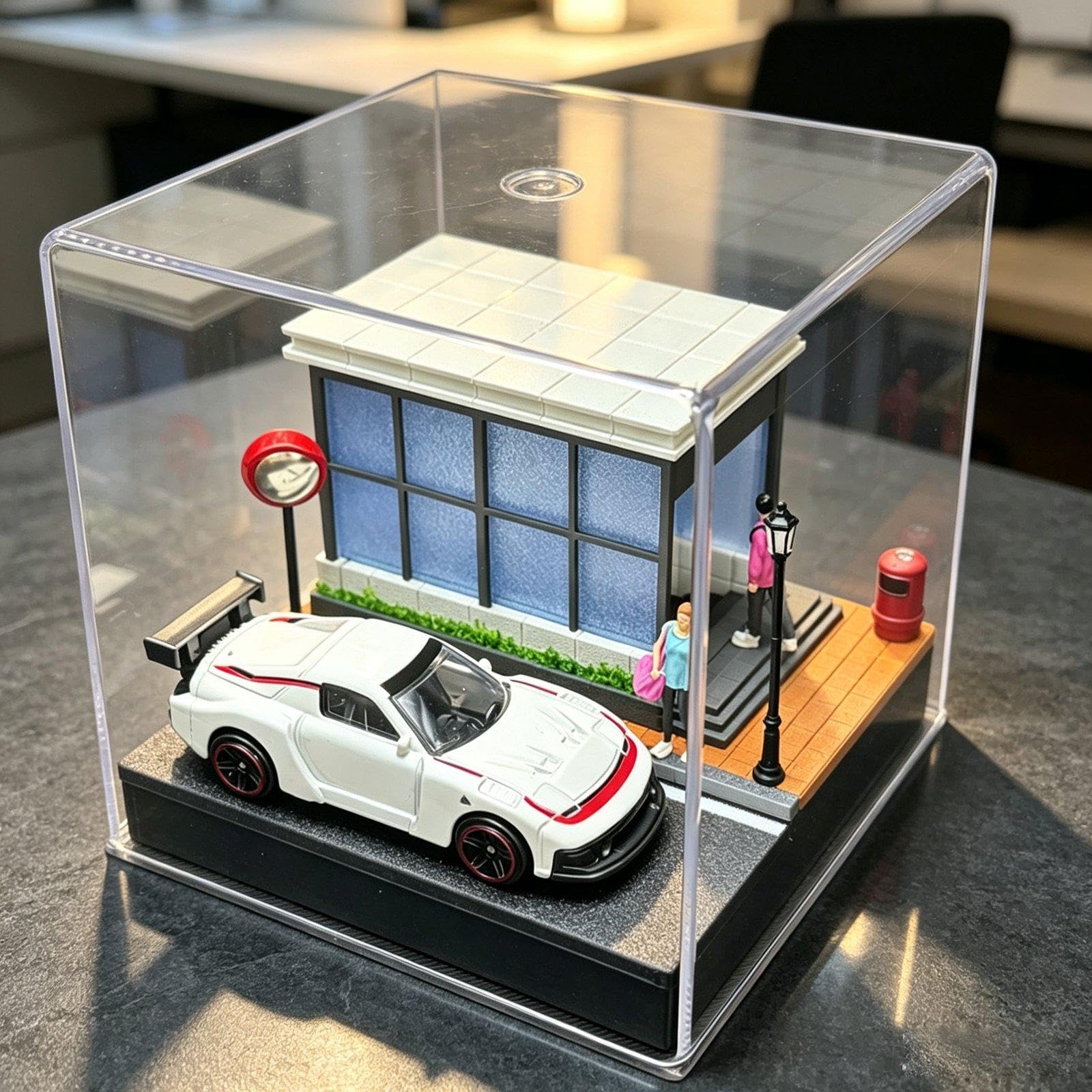 Vitrina para Ruedas de Metal Fundido a Escala 1/64 con Figuras Y Accesorios para Maquetas de Coches.