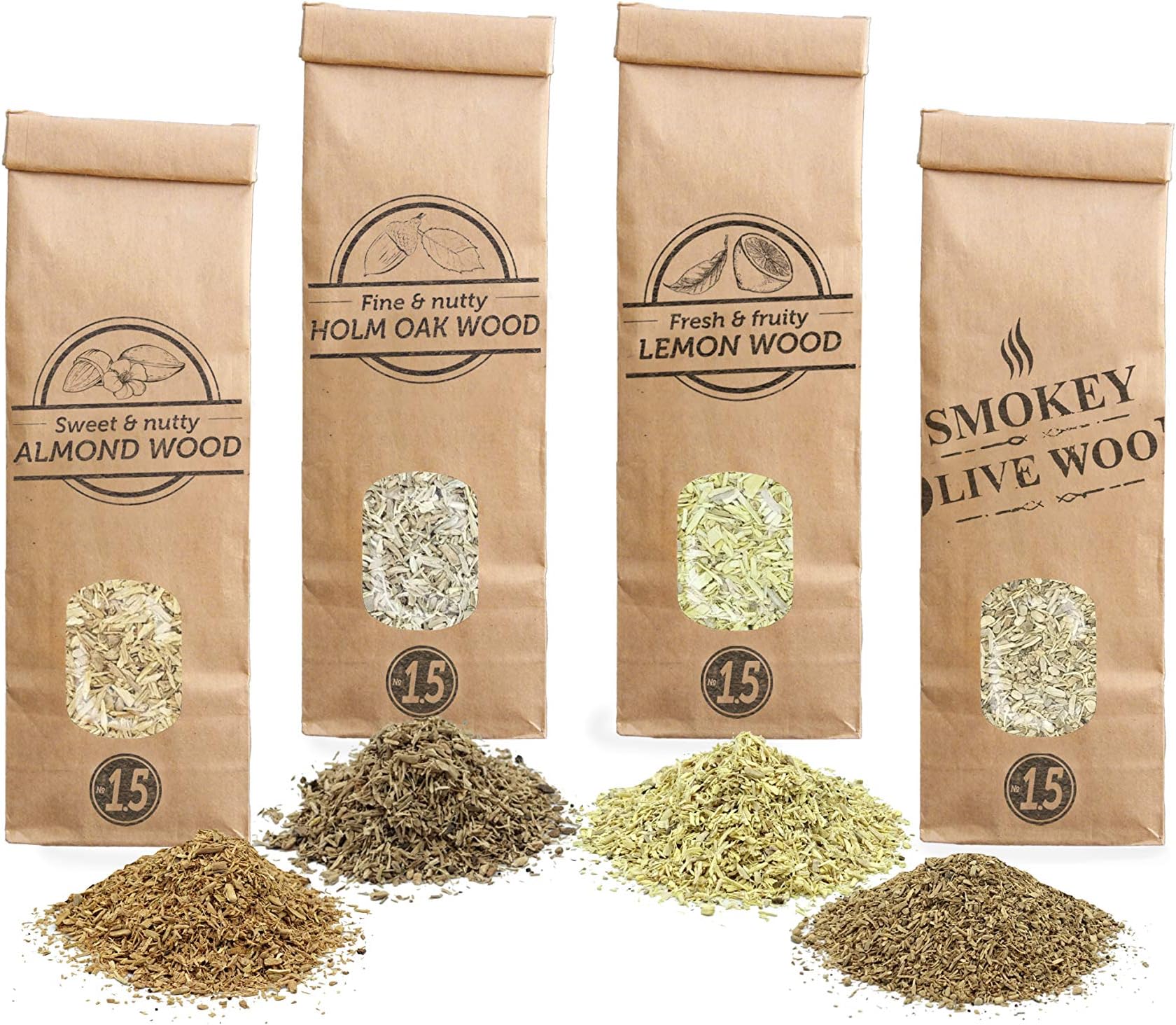 Smokey Olive Wood SOW 4x 300mL smoking chips selection: olive, almond, holm oak and lemon wood. Size Nº1.5: for smoking gun, AHLV1.5-04-0.3L