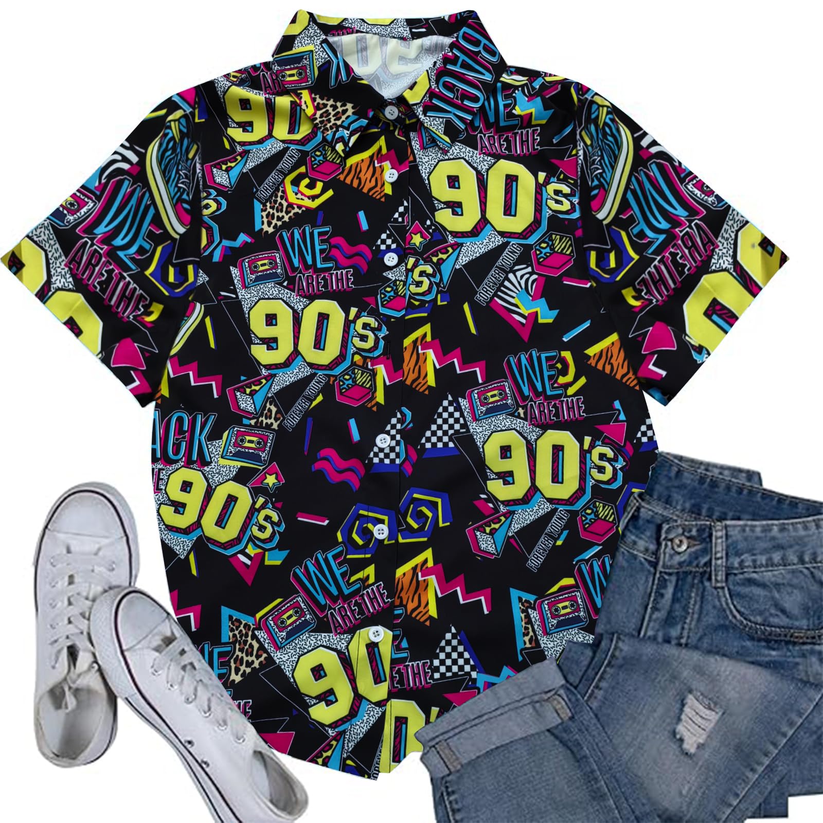 Trajes de los años 80 y 90 para mujer, camisa temática de fiesta de los años 80, camisa hawaiana con botones, camiseta retro de discoteca de neón | Disfraz retro de neón de los años 80, blusa hawaiana con botones