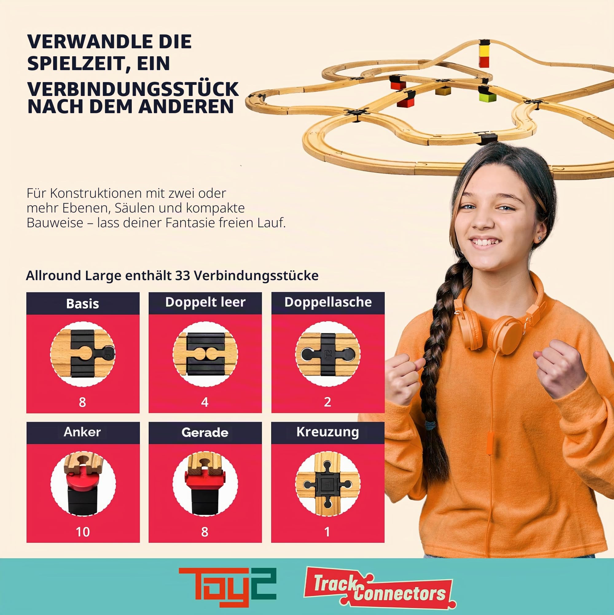TOY2 Allround Large mit 33 Schienenverbindern Kompatibel mit BRIO Eisenbahn & Duplo Bausteine - Bauset 6 Verschiedene Track Connectors - Nachhaltige Holzeisenbahn und Holzschienen Set Verbinder