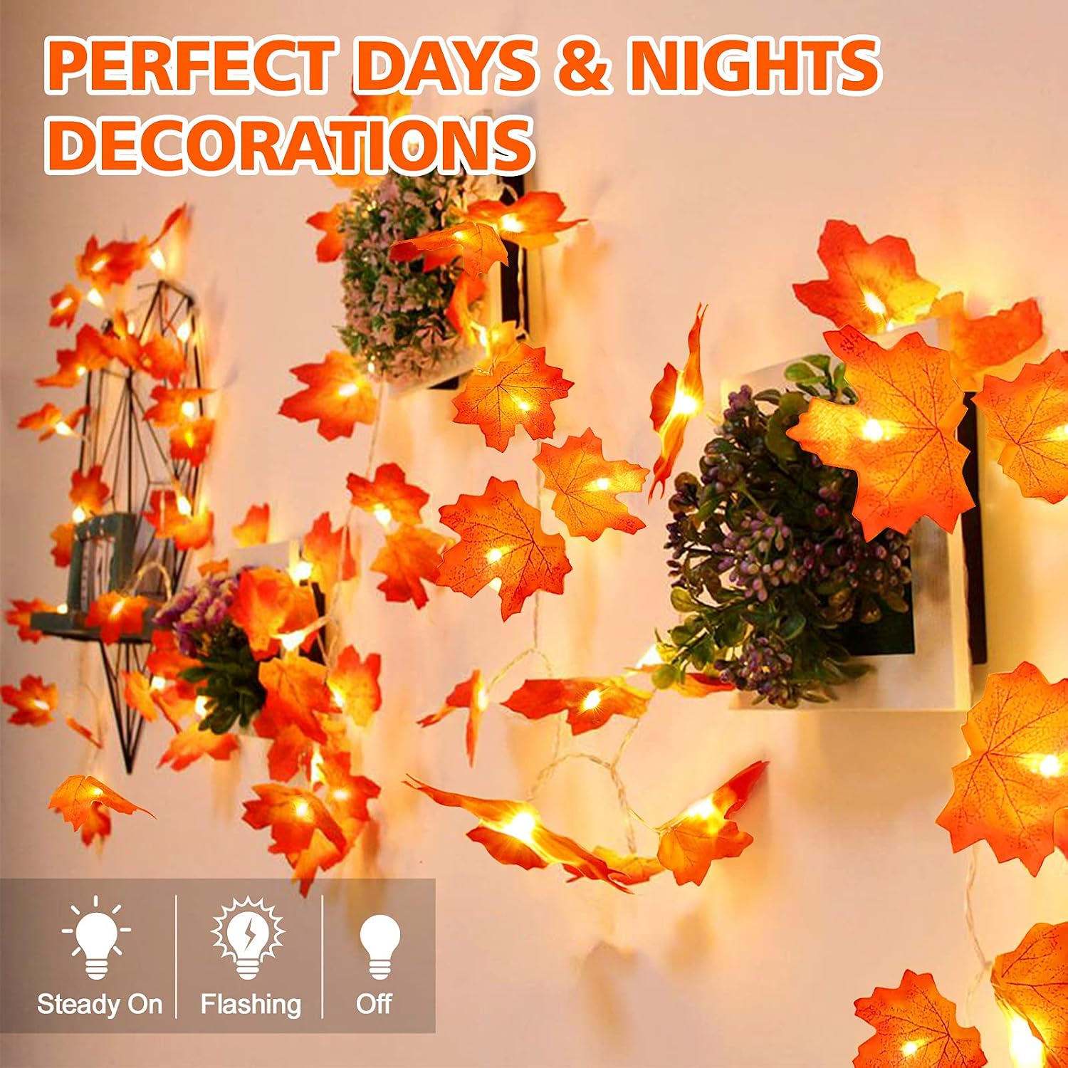 OCATO 4PCS Fall Decor for Home Outside Thanksgiving Decorations Indoor Outdoor String Lights, 40Ft 80 Led Maple Leaves Garland with Lights Battery Operated Garland Autumn Harvest Fall Room Decor Light