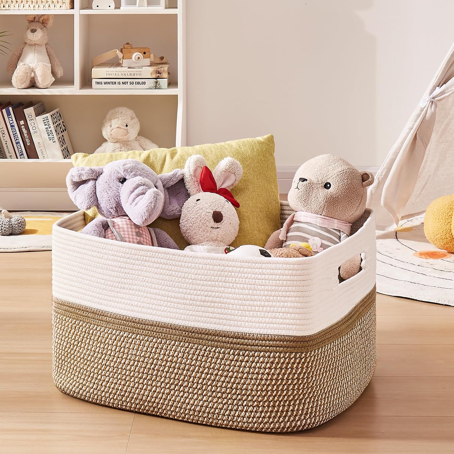 OIAHOMY Blanket Basket Laundry Basket Dog Toy Basket 75L Yellow/White image 5